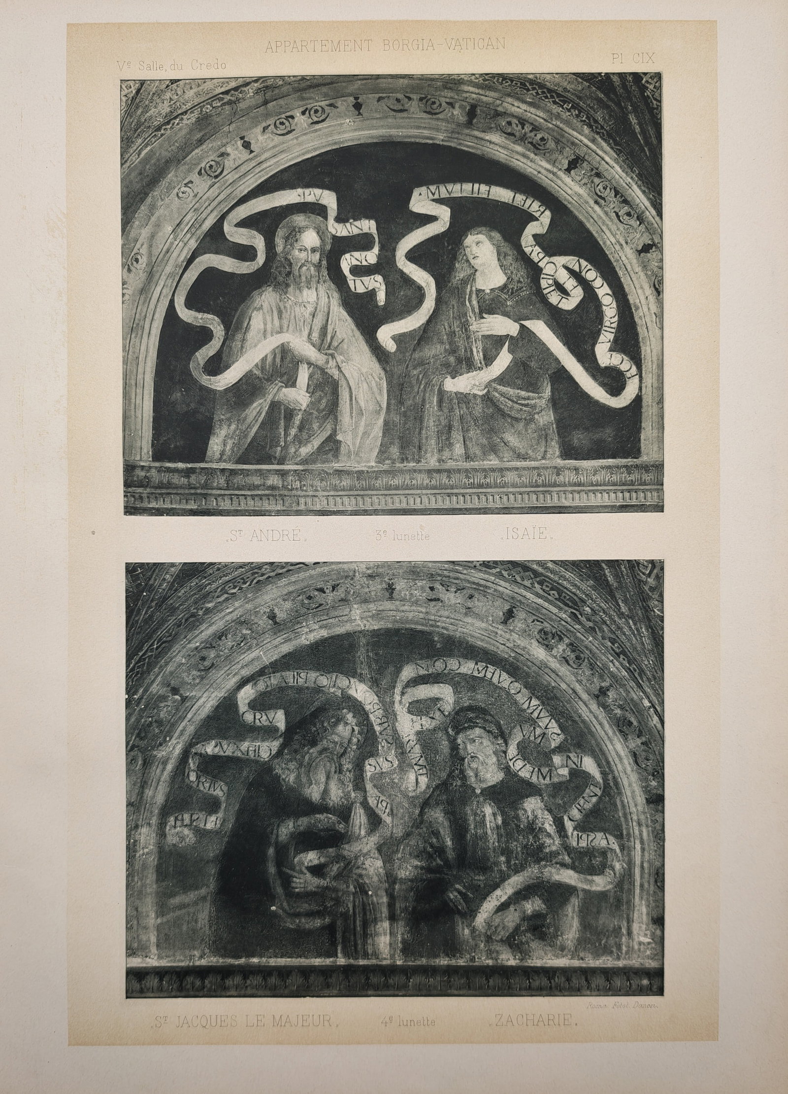 Pinturicchio,after – Vatican Borgia Apartment: Hall of the Creed Lunettes – Photogravure: "Vatican Borgia Apartment, Hall of the Creed: Saint Andrew, Isaiah, Saint James the Greater, and Zechariah" illustrates arched lunette frescoes depicting pairs of Christian apostles and Old Testament 
