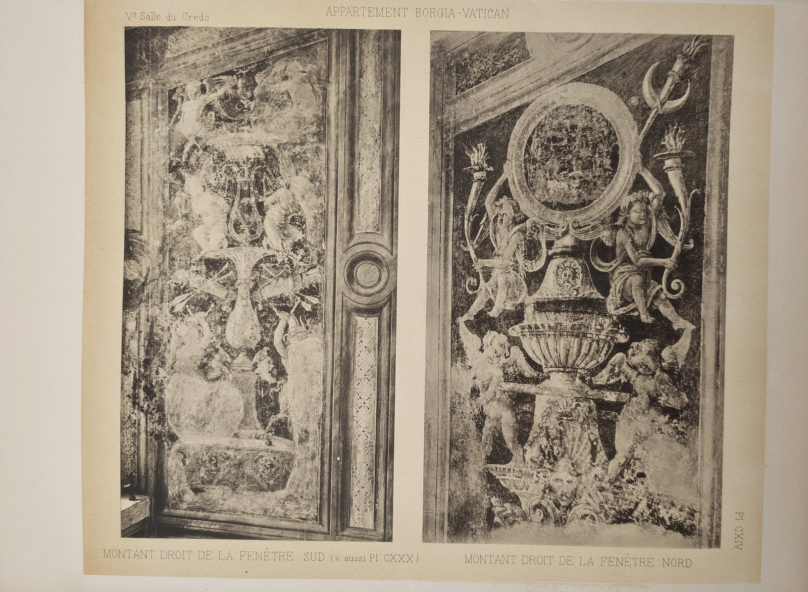 Pinturicchio,after – Vatican Borgia Apartment: Hall of the Creed Window Embrasures –: "Vatican Borgia Apartment, Hall of the Creed: Right Upright of the South Window and Right Upright of the North Window" illustrates elaborate vertical fresco grotesques featuring classical urns, decora