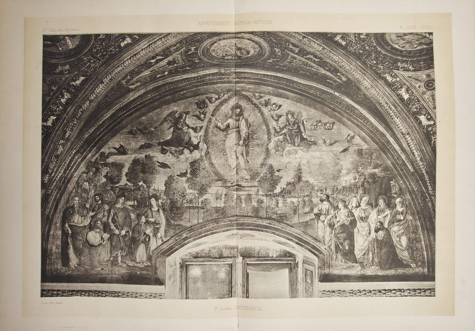 Pinturicchio,after – Vatican Borgia Apartment: Hall of the Mysteries Ascension Lunette –: "Vatican Borgia Apartment, Hall of the Mysteries: The Ascension" illustrates the grand arched wall fresco depicting the resurrected Christ ascending within a mandorla of cherubim, surrounded by kneeli