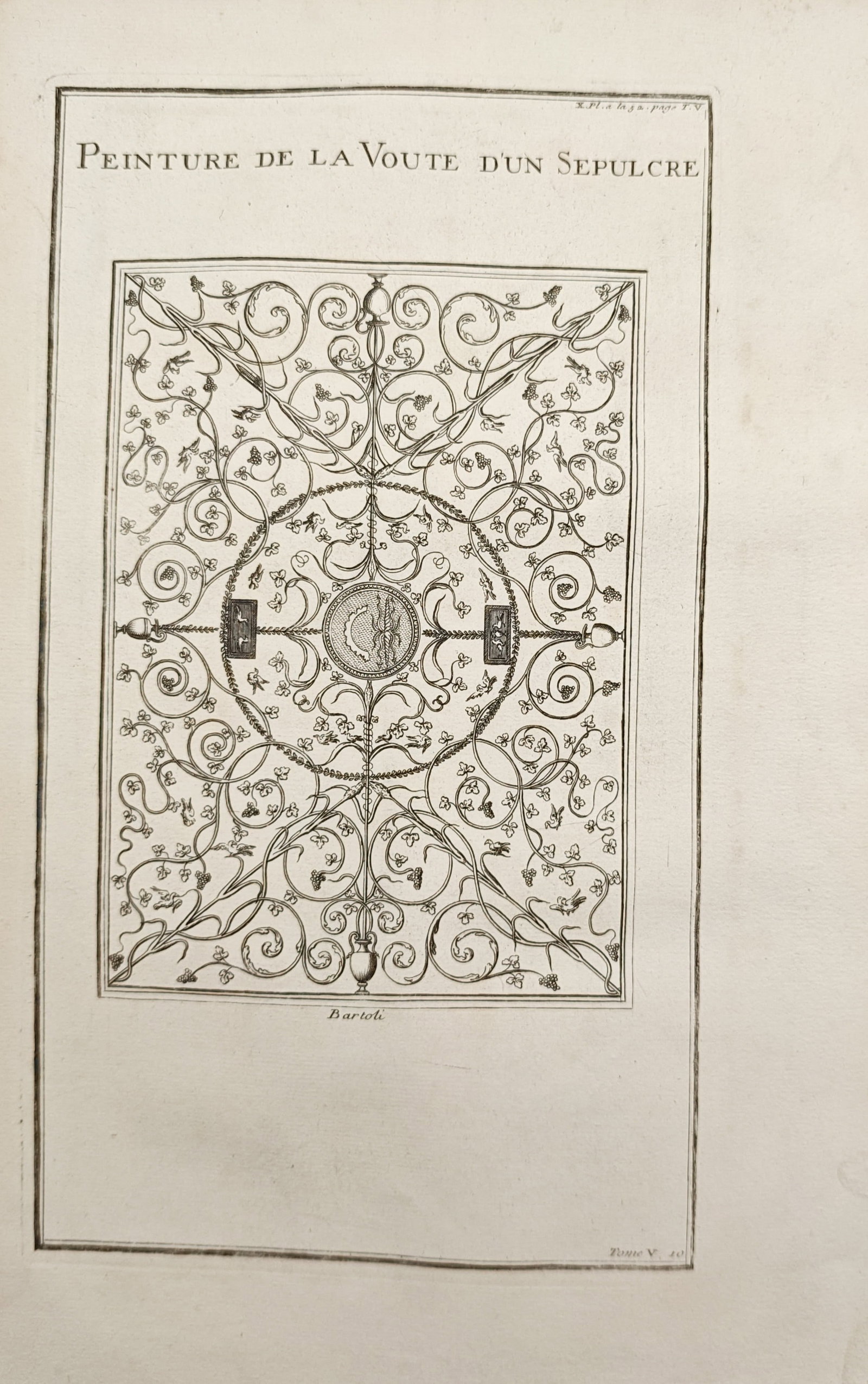 Bernard de Montfaucon – Painting of a Sepulcher Vault – Engraving (18th Century): "Painting of the Vault of a Sepulcher" illustrates an elaborate classical ceiling design featuring scrolling arabesques, delicate foliate vines, and symmetrical ornamental motifs enclosing a central c