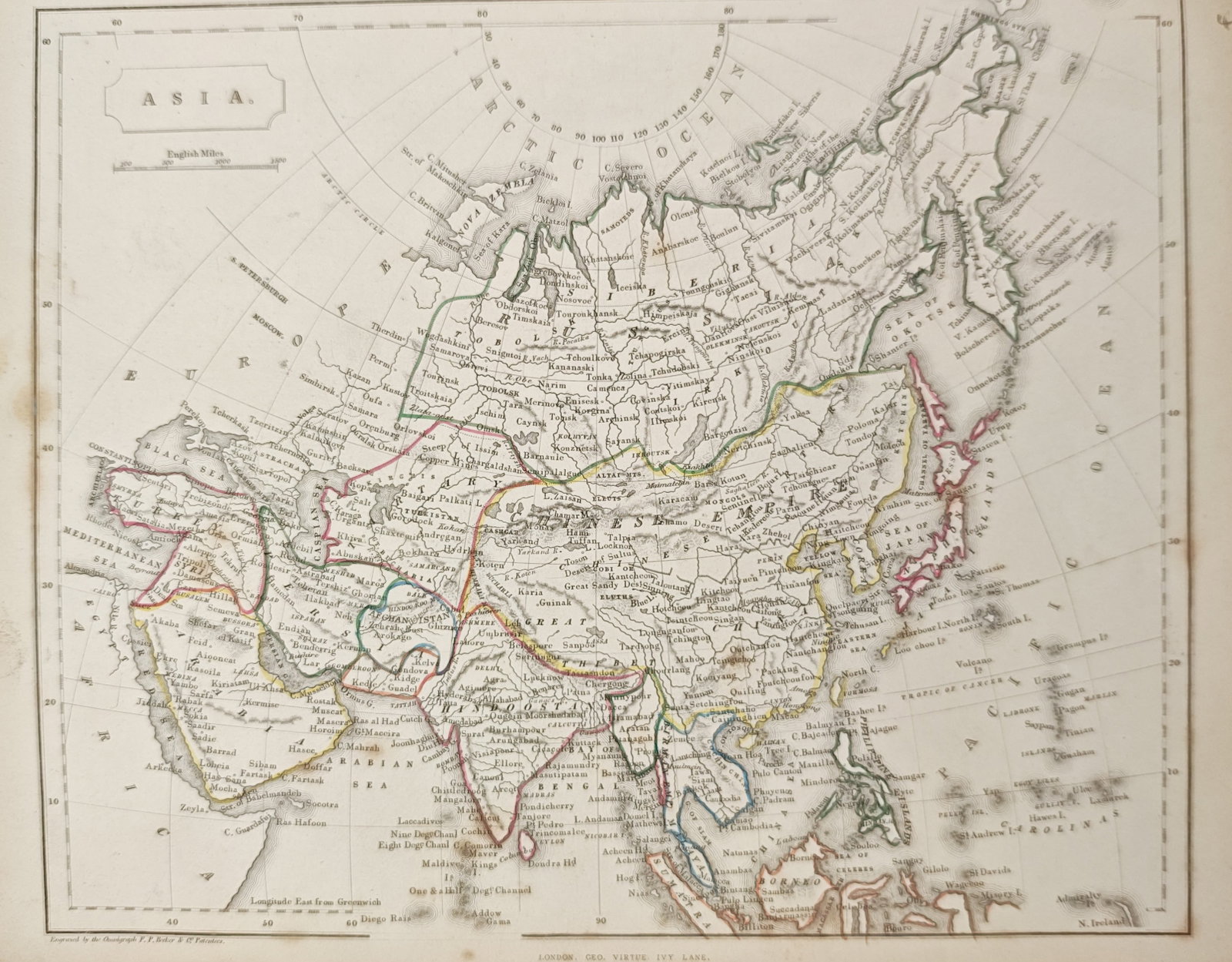 Francis Paul Becker – Map of Asia – Engraving (19th Century): "Asia" outlines the expansive continental landmass, illustrating regional territories, mountain ranges, inland river systems, and coastline networks defined with hand-colored boundary outlines. Publis