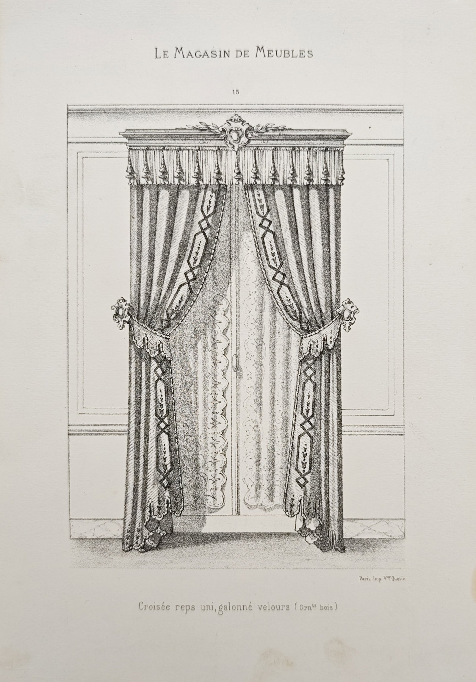 Victor Quetin – Plain Reps Casement Drapery with Velvet Braid – Lithograph (19th Century) (1 of 2)