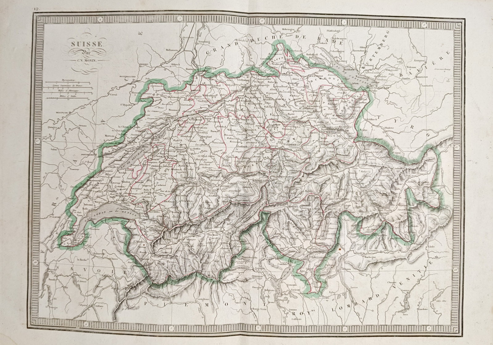 Charles Victor Monin – Map of Switzerland – Europe – Engraving (19th Century): "Switzerland" delineates the mountainous geography and cantonal borders of the Swiss Confederation alongside adjacent territories of neighboring European states. The cartographic composition features 