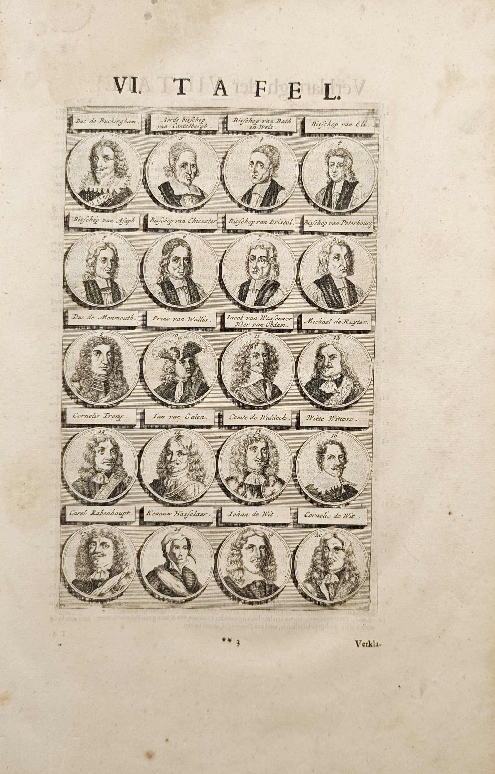 Simon de Vries – Table of European Statesmen, Admirals, and Clergy – Engraving (1698): "Table of Illustrious European Statesmen, Bishops, and Naval Commanders" presents a historical compendium plate comprising twenty oval medallion bust portraits of notable seventeenth-century political