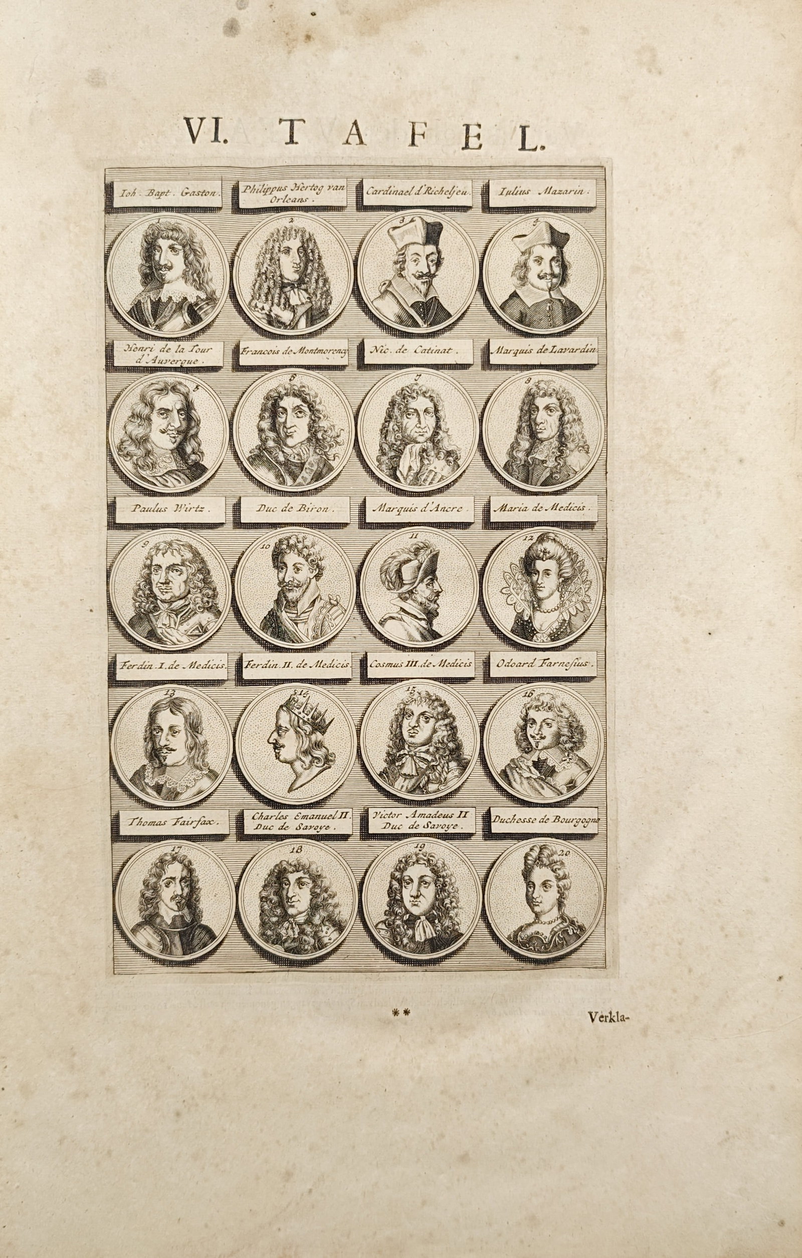 Simon de Vries – Table of European Cardinals, Nobles, and Aristocrats – Engraving (1698): "Table of Illustrious European Cardinals, Aristocrats, and Rulers" presents a historical compendium plate comprising twenty medallion bust portraits of notable seventeenth-century figures including Ca