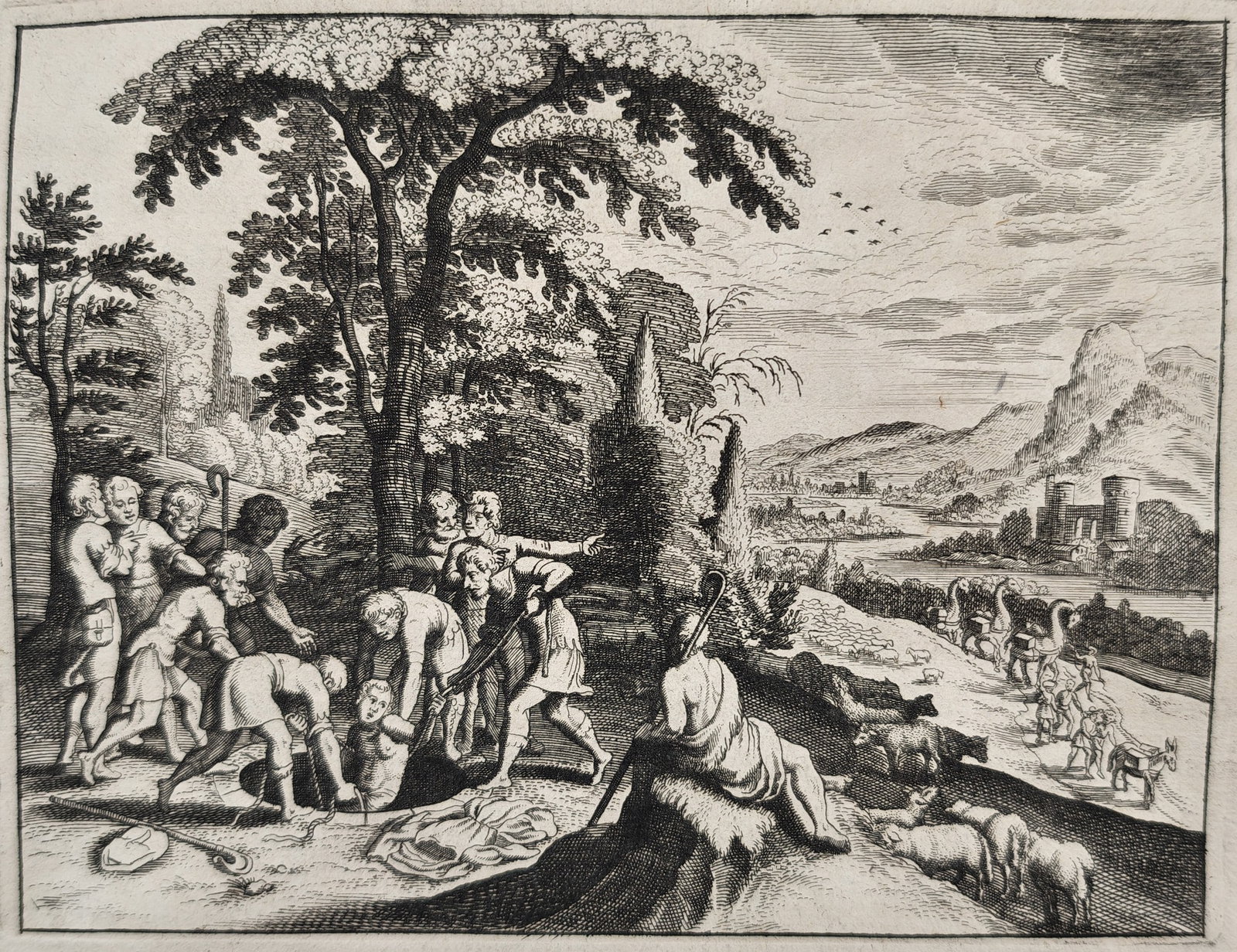 Nicolas Fontaine – Joseph Sold by His Brothers – Engraving (18th Century): "Joseph Sold by His Brothers" depicts the dramatic biblical narrative from Genesis featuring the betrayal of Joseph amidst an expansive pastoral landscape populated by figures, grazing livestock, matu