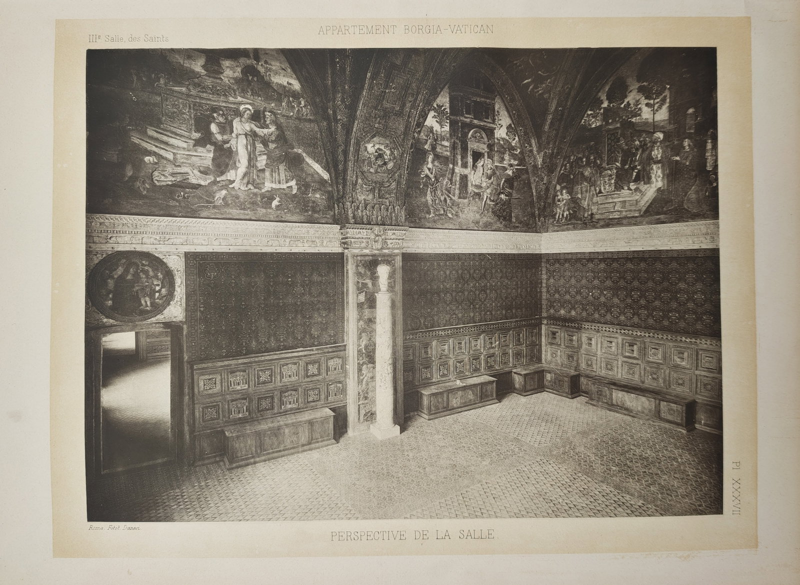 Pinturicchio,after – Perspective View of the Hall of the Saints – Photogravure (19th Century): "Perspective View of the Hall of the Saints" presents an expansive interior study reproducing the grand ceremonial room within the Borgia Apartment in the Vatican, showcasing lower paneled wainscoting