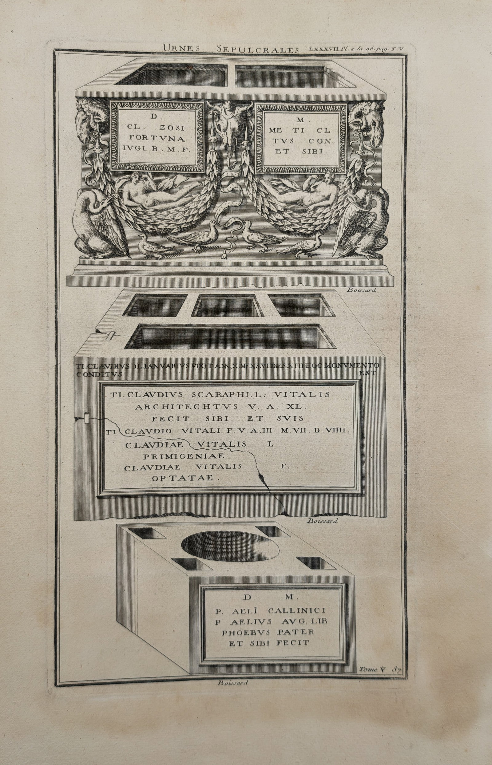 Bernard de Montfaucon – Sepulchral Urns and Cinerary Chests – Engraving (18th Century): "Sepulchral Urns and Cinerary Chests" presents an antiquarian study documenting ancient Roman funerary monuments, illustrating carved stone cinerary chests and burial caskets adorned with figurative b