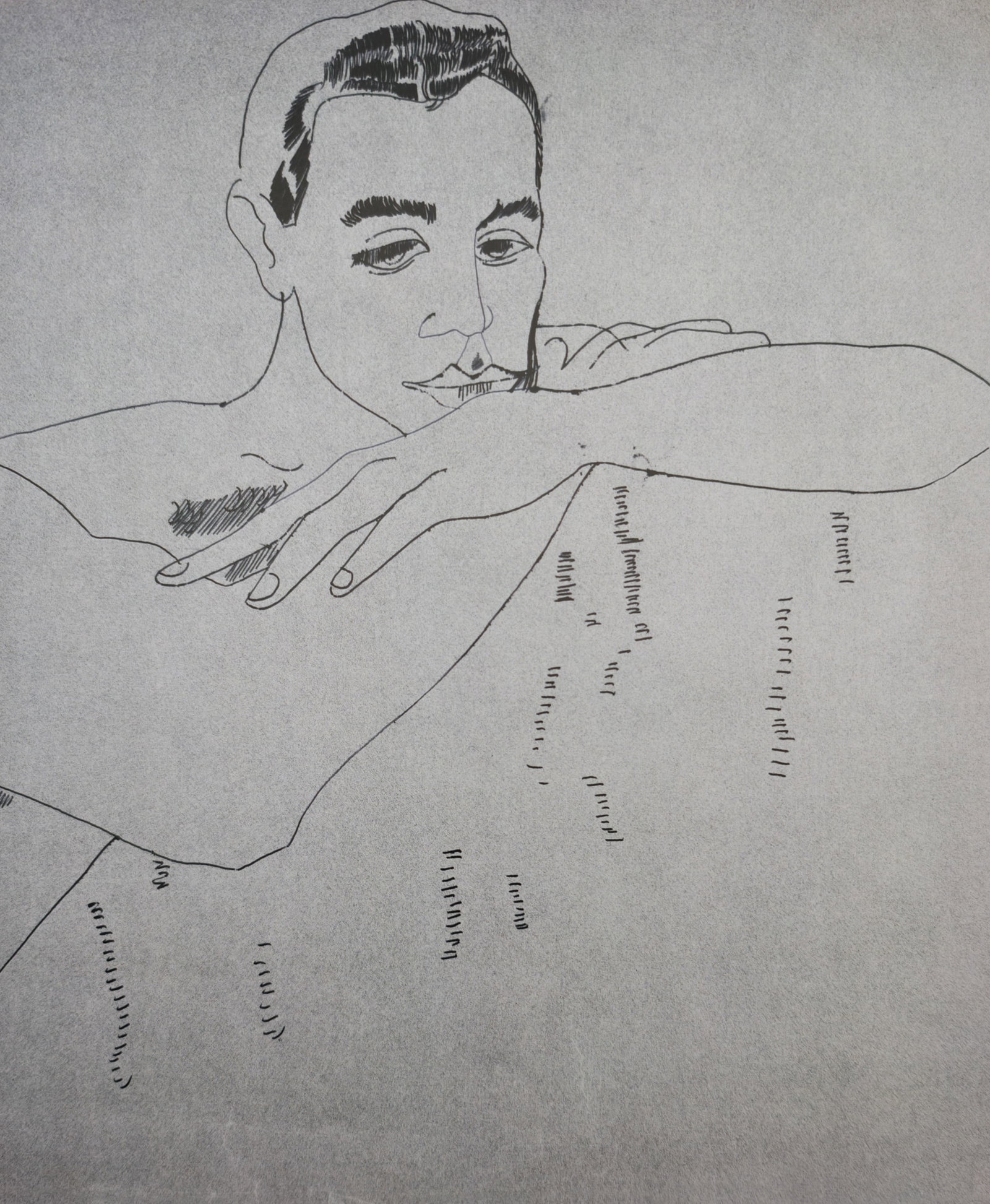 Andy Warhol,after – Pensive Young Man – Offset lithographic reproduction (2006): "Pensive Young Man" presents a figurative portrait study capturing a contemplative male figure resting his chin upon crossed arms against a textured ground. Produced in offset lithography, the composi