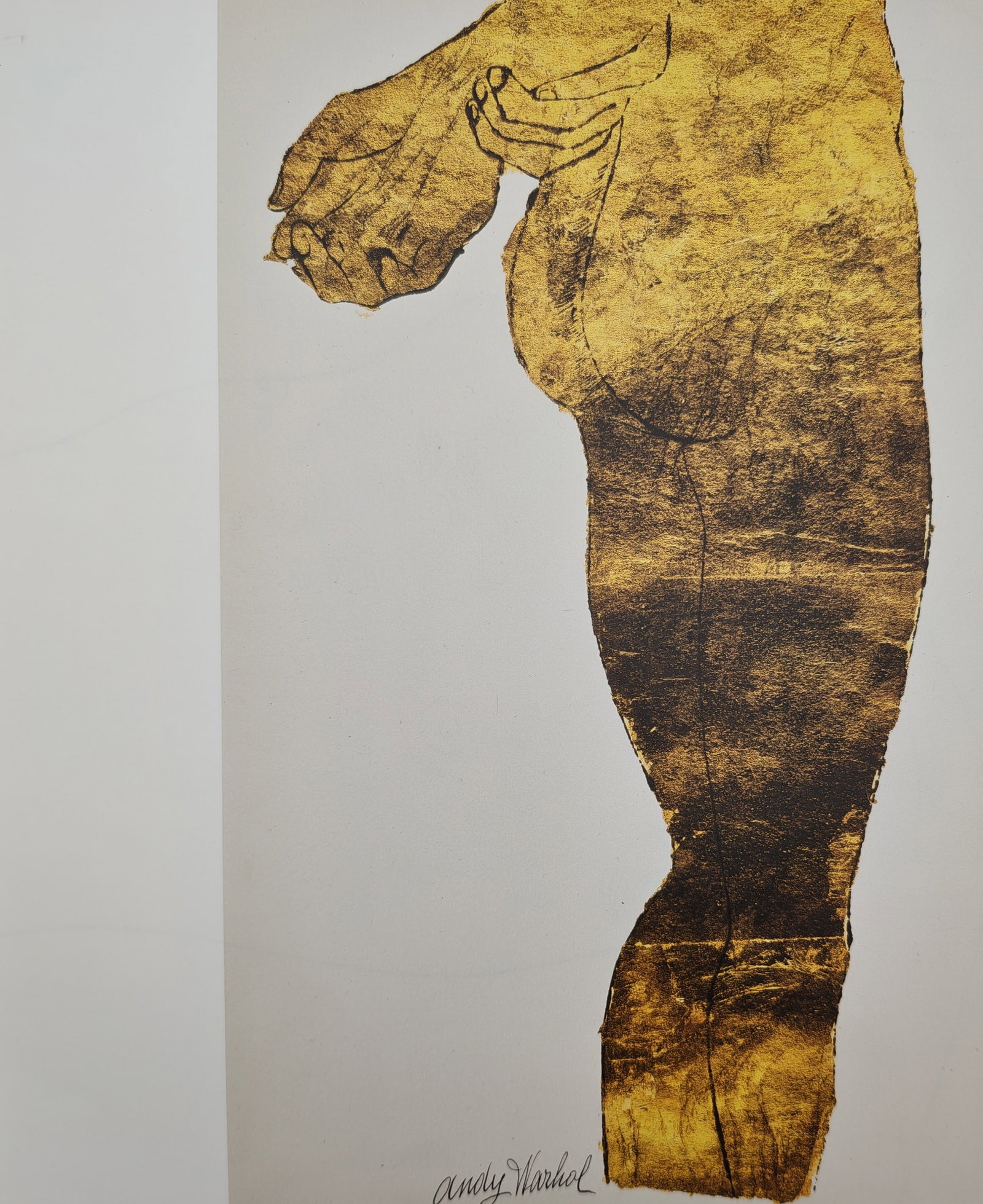 Andy Warhol,after – Male Torso in Gold – Offset lithographic reproduction (2006): "Male Torso in Gold" presents a figurative study documenting the cropped lower torso, leg, and hands of a standing male figure against a neutral ground. Produced in offset lithography, the composition