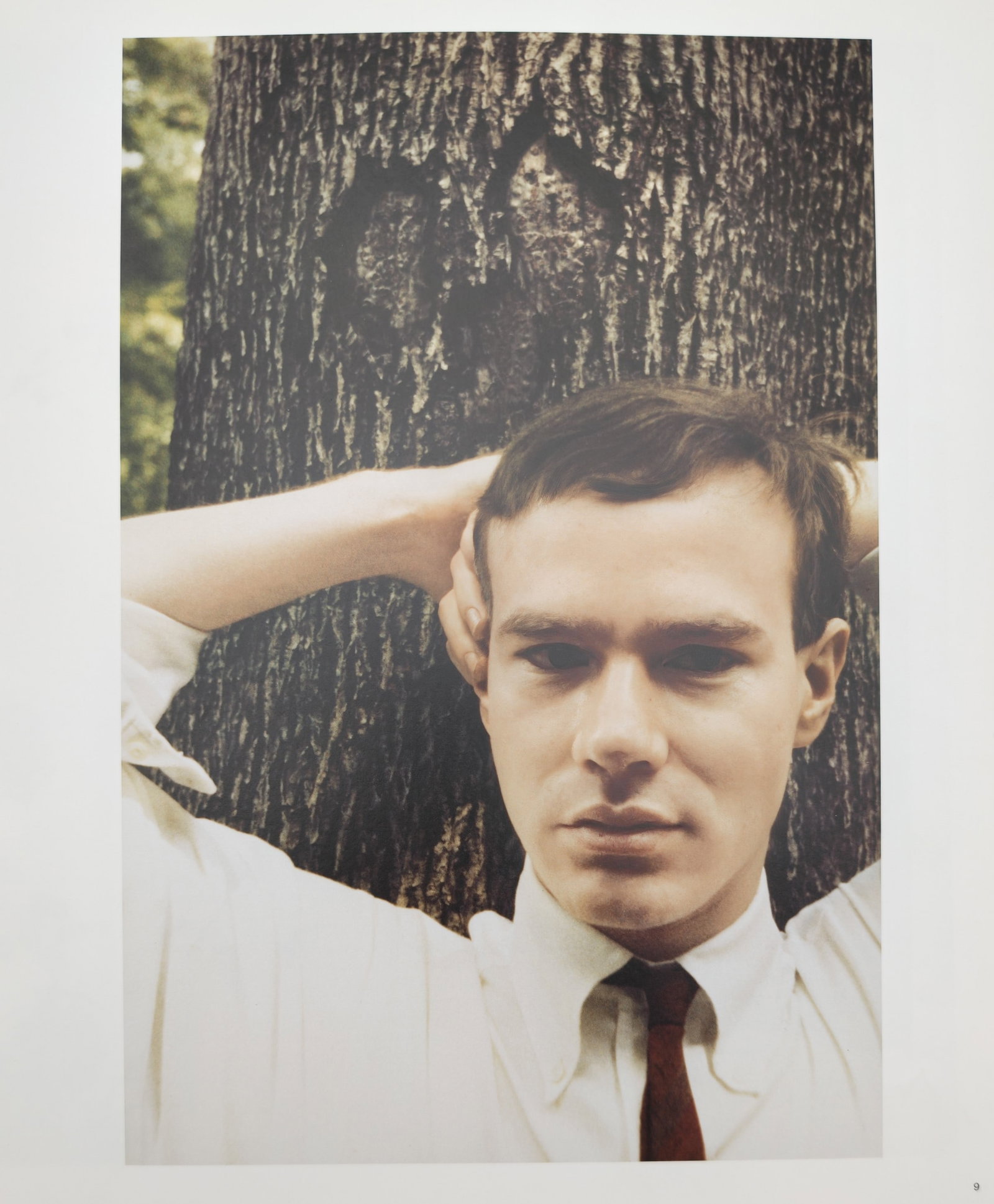 Andy Warhol,after – Young Man Leaning Against a Tree – Offset lithographic reproduction (2006): "Young Man Leaning Against a Tree" presents a photographic portrait study capturing a young man in collared attire resting his arms behind his head against tree bark. Produced in offset lithography, t