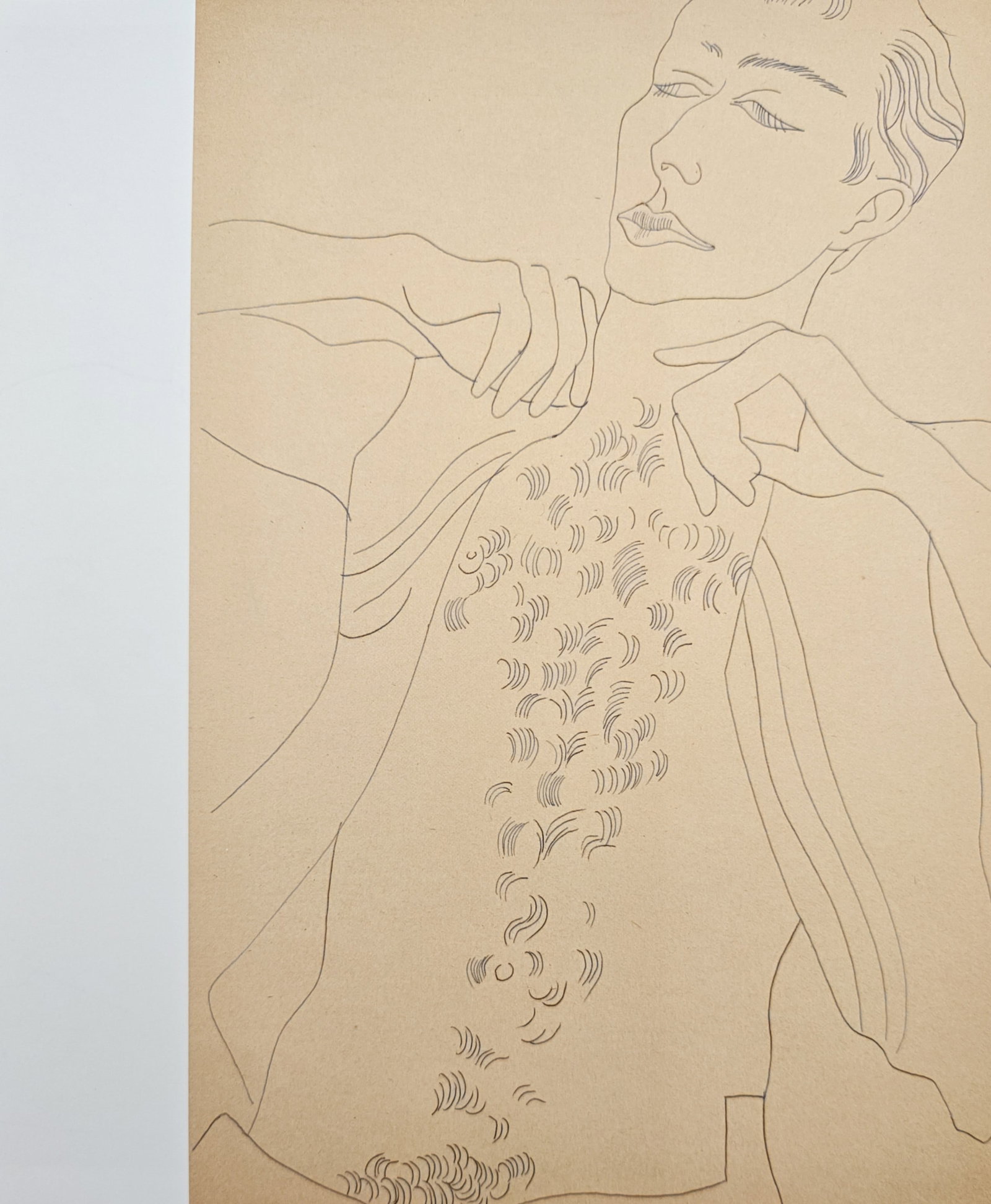 Andy Warhol,after – Male Torso with Chest Hair – Offset lithographic reproduction (2006): "Male Torso with Chest Hair" presents a figurative drawing study capturing a stylized male figure with hands raised toward the neck against a warm paper ground. Produced in offset lithography, the com