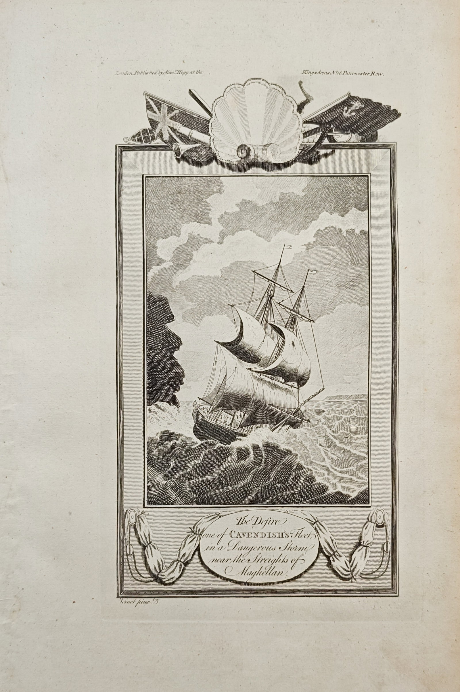 Alexander Hogg – The Desire One of Cavendish's Fleet in a Dangerous Storm – Engraving (1 of 2)