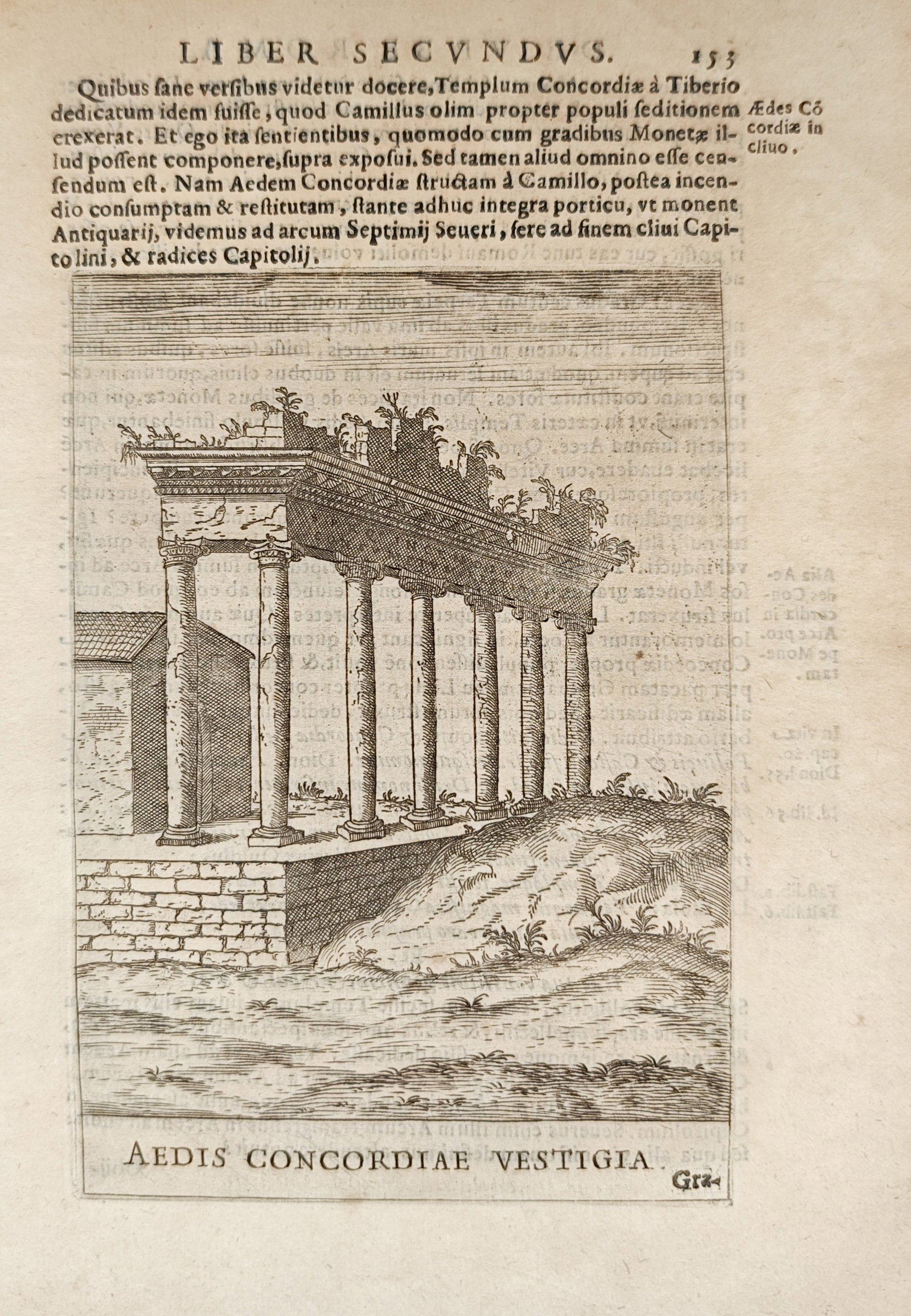 Alessandro Donati – Remains of the Temple of Concordia – Engraving (17th Century): "Remains of the Temple of Concordia" illustrates the weathered colonnade, entablature, and overgrown masonry of the ancient Roman sanctuary set against an earthen hillside. Rendered as a seventeenth-c