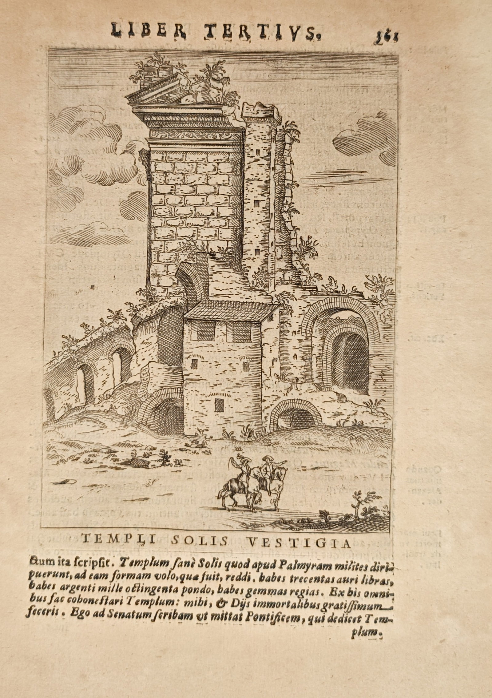 Alessandro Donati – Remains of the Temple of the Sun – Engraving (17th Century): "Remains of the Temple of the Sun" depicts the massive ruined masonry, ancient arches, and overgrown classical structures of the sanctuary, with horsemen passing along the rustic foreground path. Rend