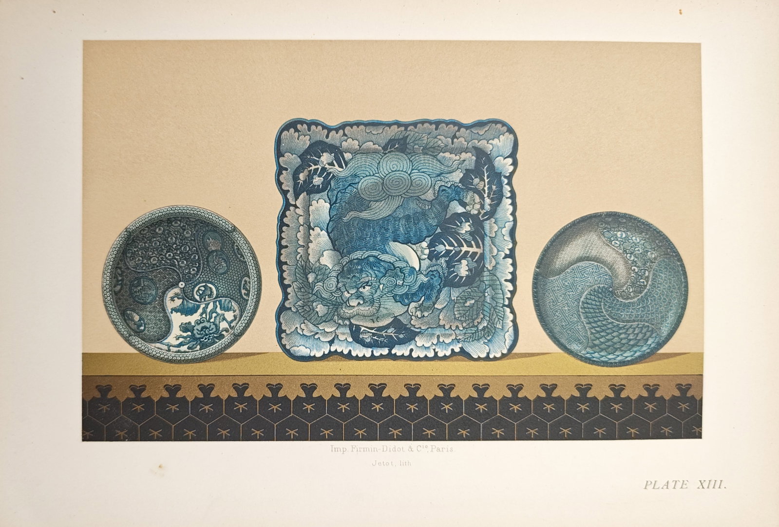 George Ashdown Audsley – Blue and White Japanese Ceramic Dishes – Lithograph (19th Century) (1 of 2)