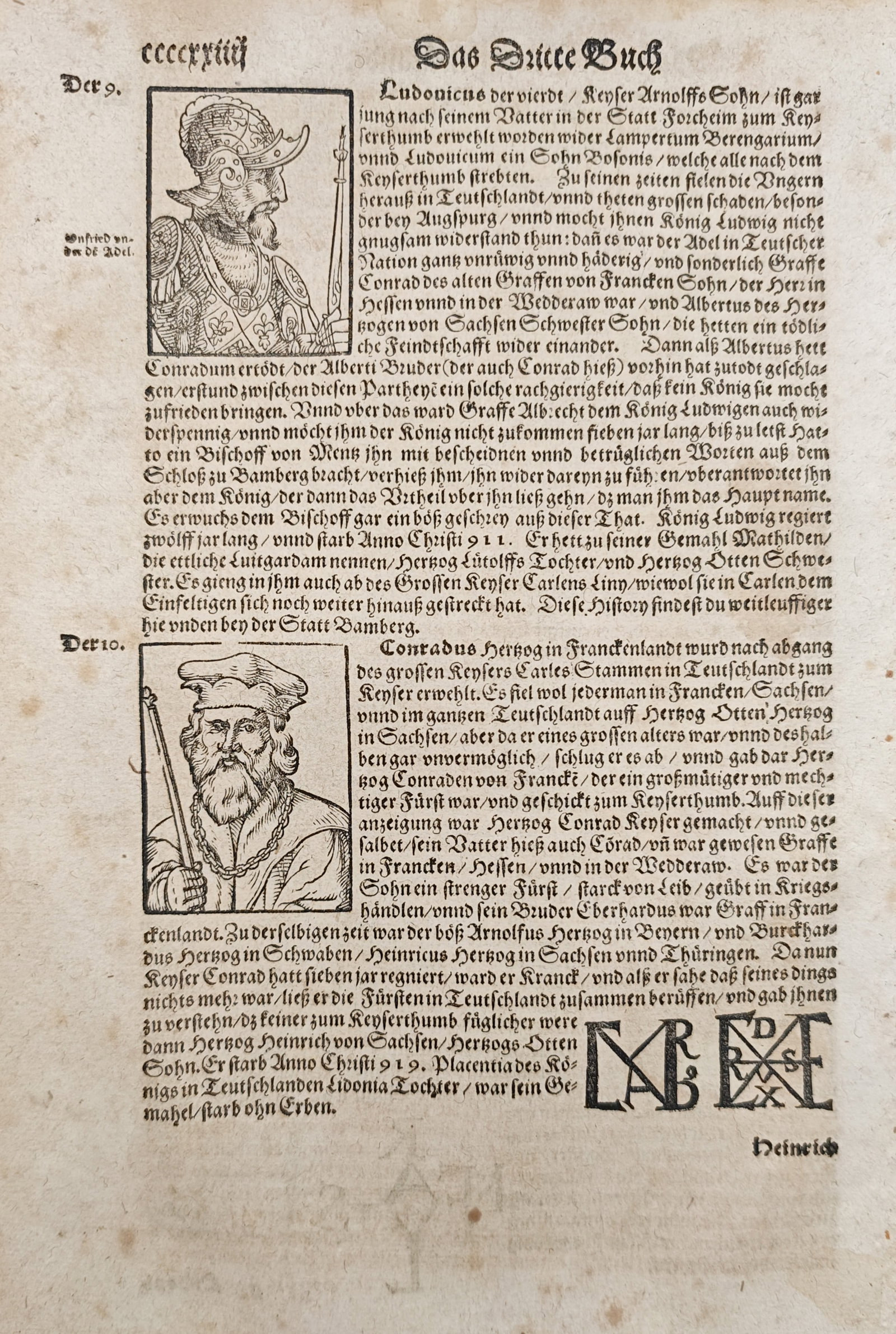 Sebastian Münster – Portraits of King Louis IV and King Conrad I – Woodcut (16th Century): "The Third Book" presents a sixteenth-century historical chronicle leaf featuring portrait busts of King Louis the Child and King Conrad the First alongside early German typography detailing medieval 