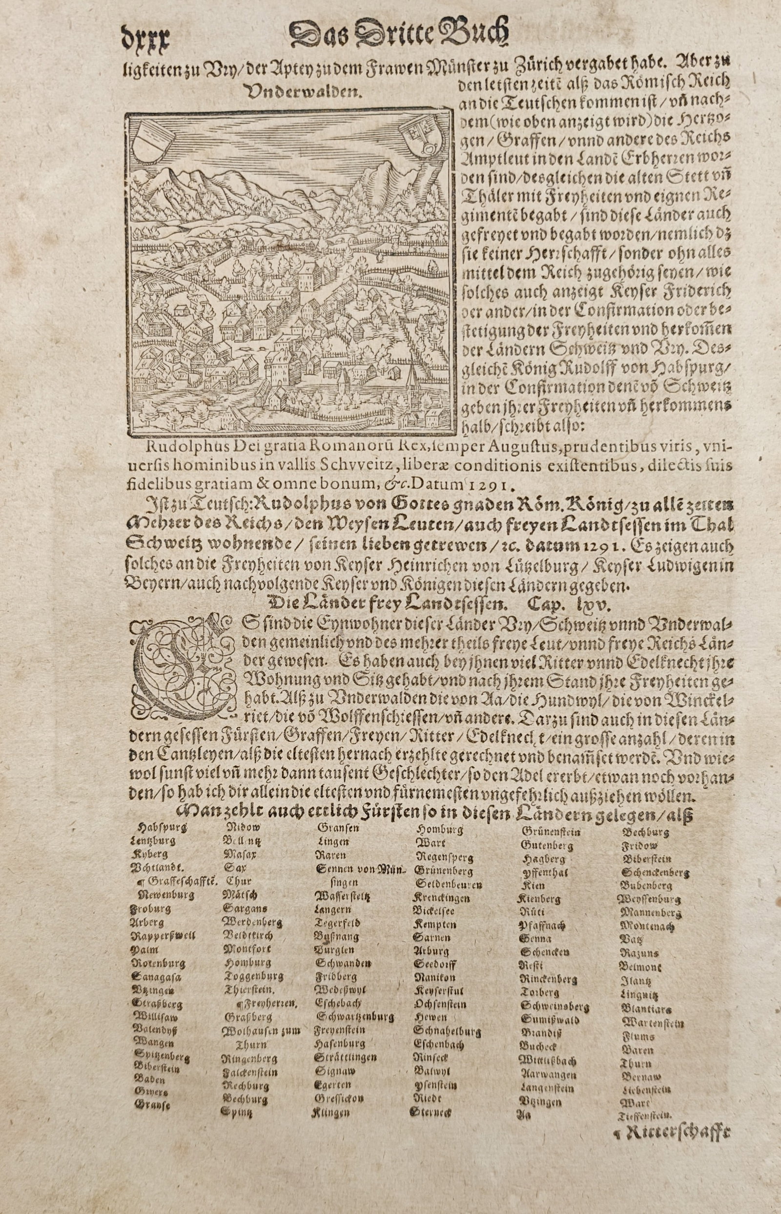 Sebastian Münster – Landscape of Unterwalden and Swiss Chronicle – Woodcut (16th Century) (1 of 2)