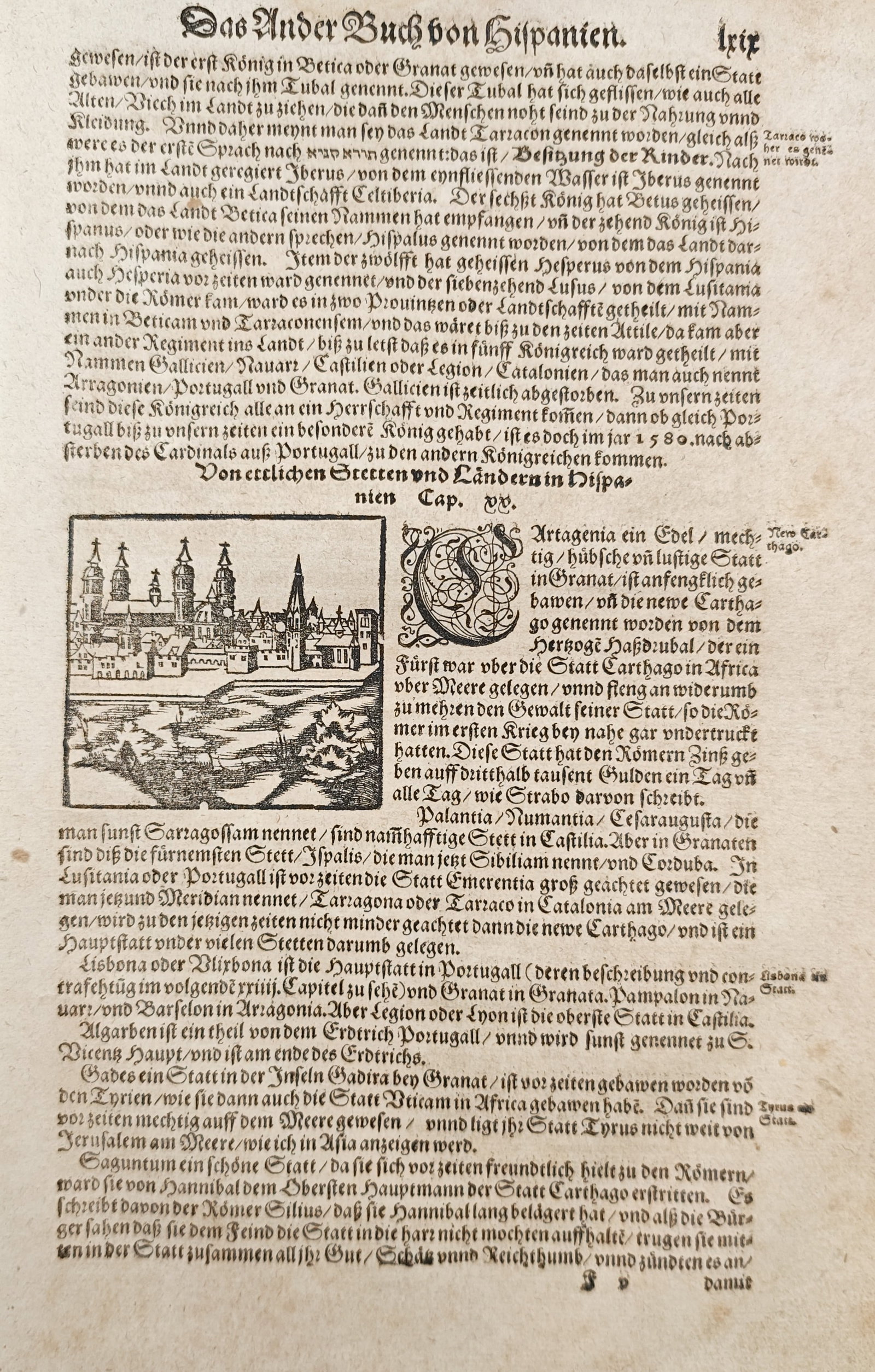 Sebastian Münster – Cityscape of Cartagena and Chronicle of Spain – Woodcut (16th Century) (1 of 2)