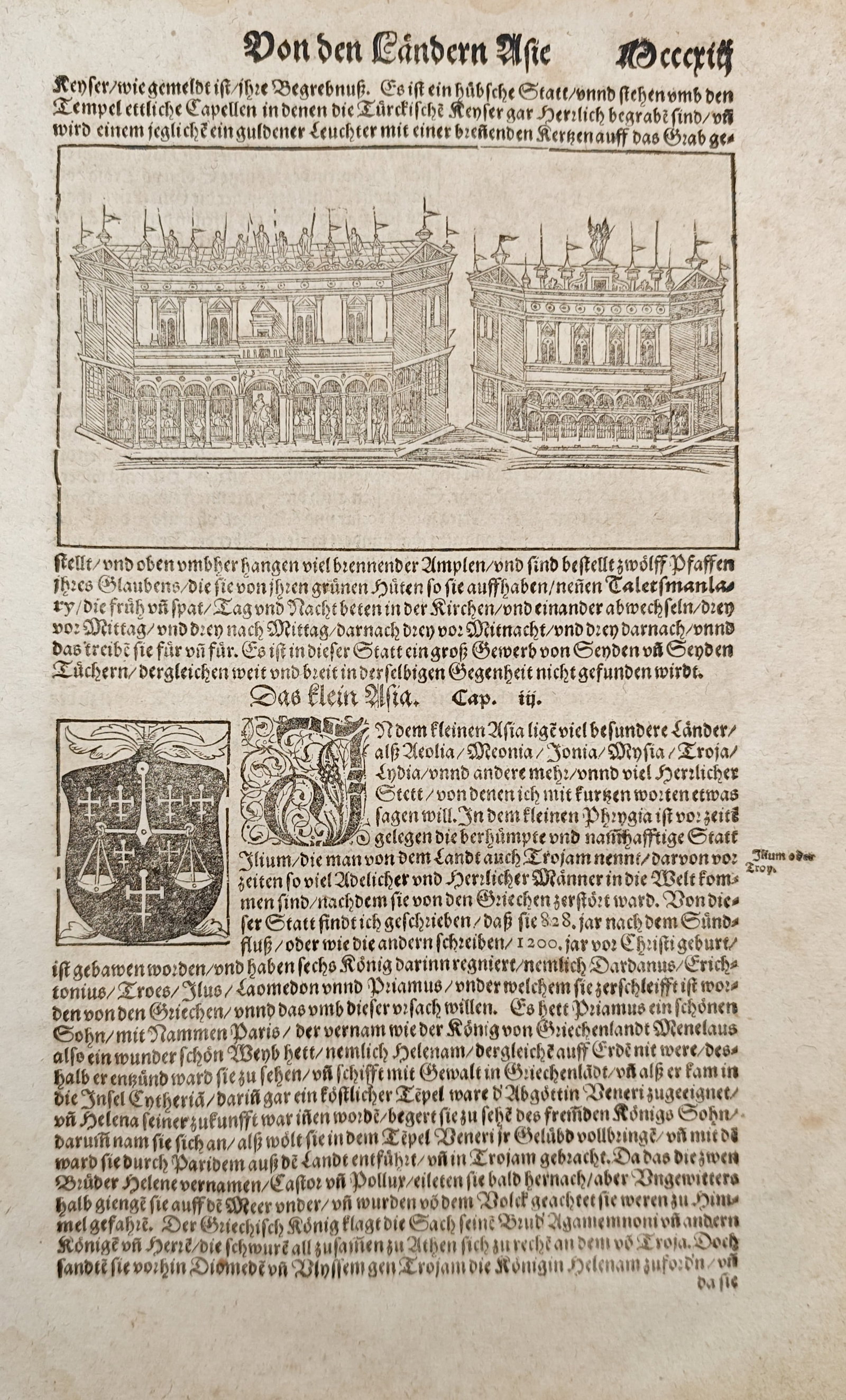 Sebastian Münster – Ottoman Imperial Mausoleum and Chronicle of Asia Minor – Woodcut: "Of the Lands of Asia" presents a sixteenth-century historical chronicle leaf featuring a woodcut depiction of an ornate Ottoman imperial tomb pavilion alongside early German typography detailing the 