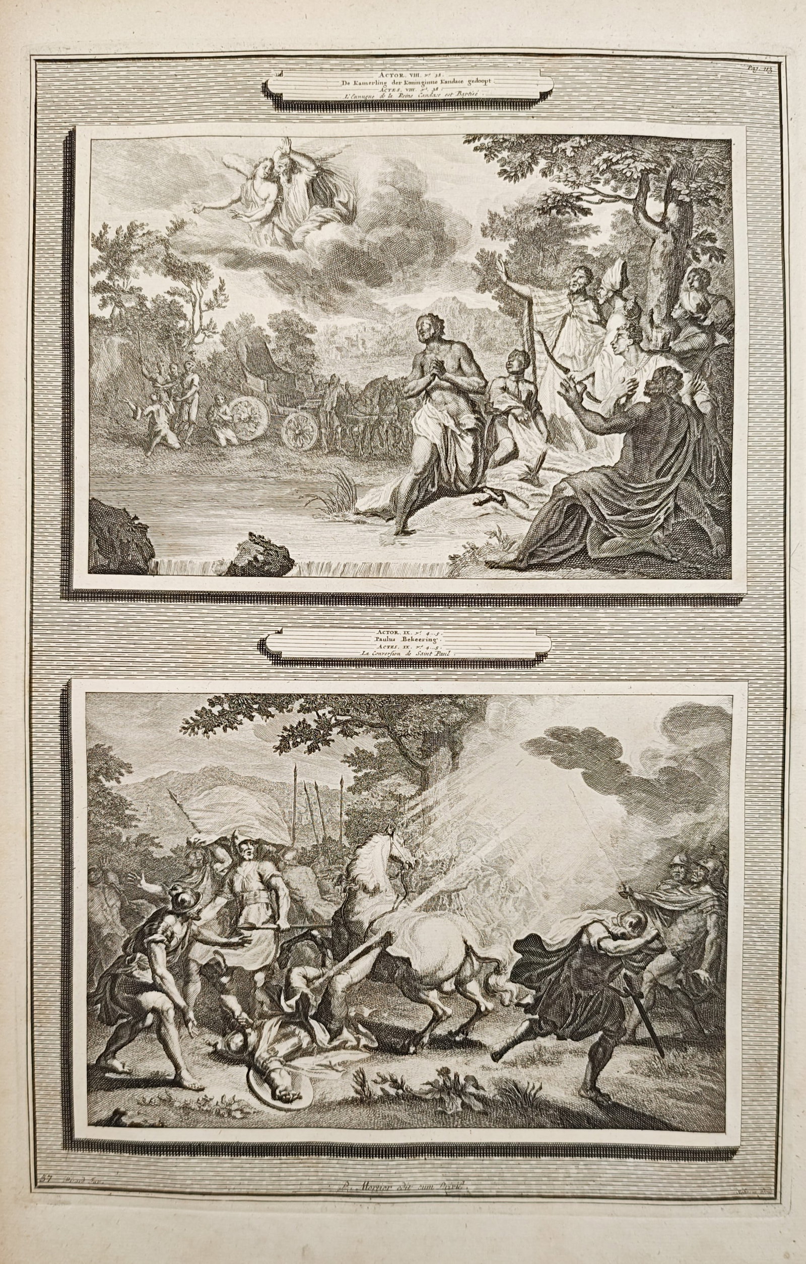 Pieter Mortier – Baptism of the Ethiopian Eunuch and Conversion of Saint Paul – Engraving (1700): "Baptism of the Ethiopian Eunuch and Conversion of Saint Paul" presents a dual-register biblical composition illustrating key apostolic narratives from the early Christian church, depicting the baptis