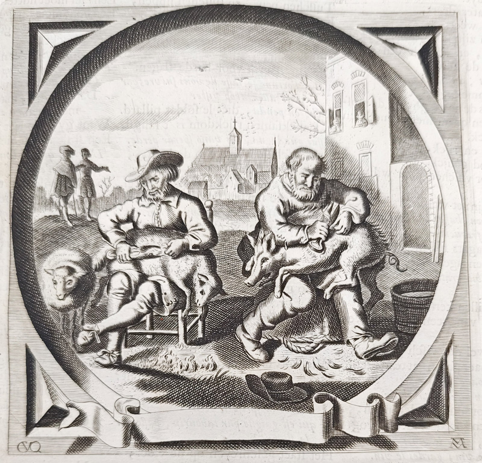 Jacob Cats – Profit and Loss – Engraving (17th Century): "Profit and Loss" presents an emblematic genre scene illustrating the contrast between shearing a quiet sheep for fruitful wool and wrestling an unruly swine to convey a moral lesson on fruitless labo
