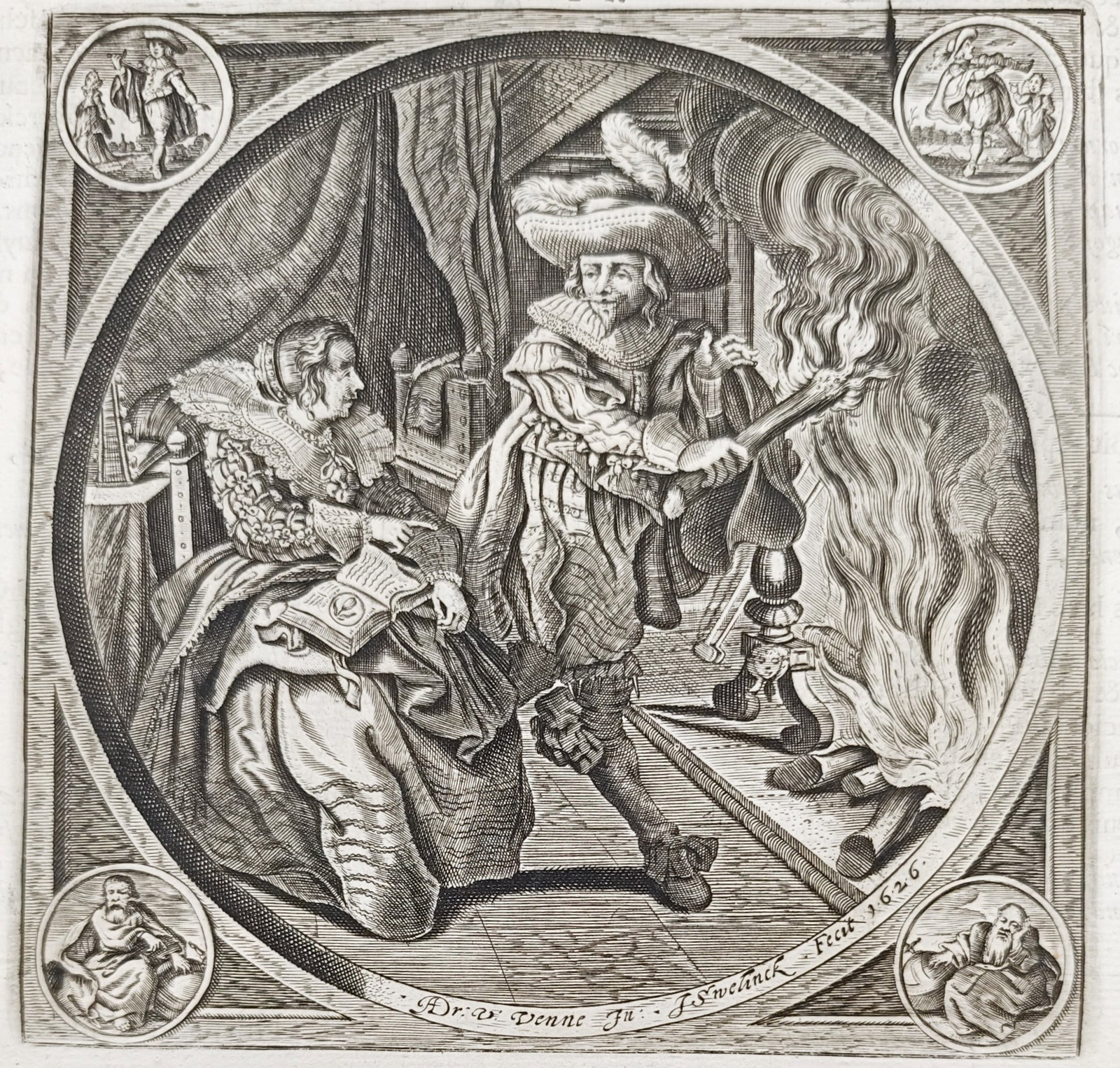 Jacob Cats – Where It Does Not Hurt – Engraving (1626): "Where It Does Not Hurt" presents an emblematic interior scene illustrating an elegantly dressed gentleman holding a burning log by its cool end before a seated lady, using the physical nature of fire