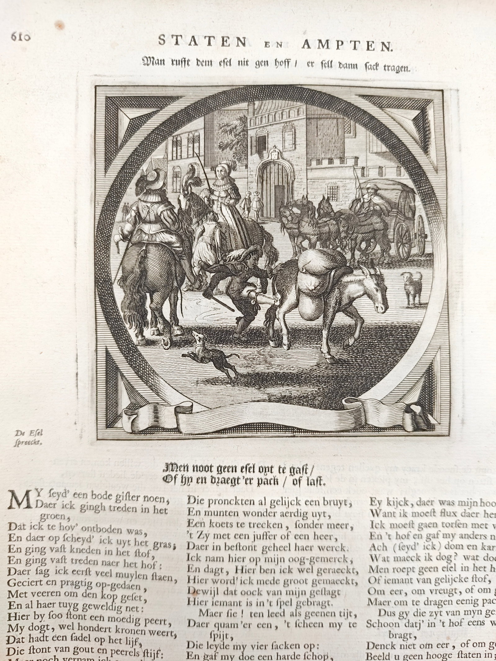 Jacob Cats – The Donkey at Court – Engraving (17th Century): "The Donkey at Court" presents an emblematic scene illustrating a heavily laden donkey arriving at an aristocratic courtyard bustling with mounted nobility, finely outfitted carriages, and courtiers, 