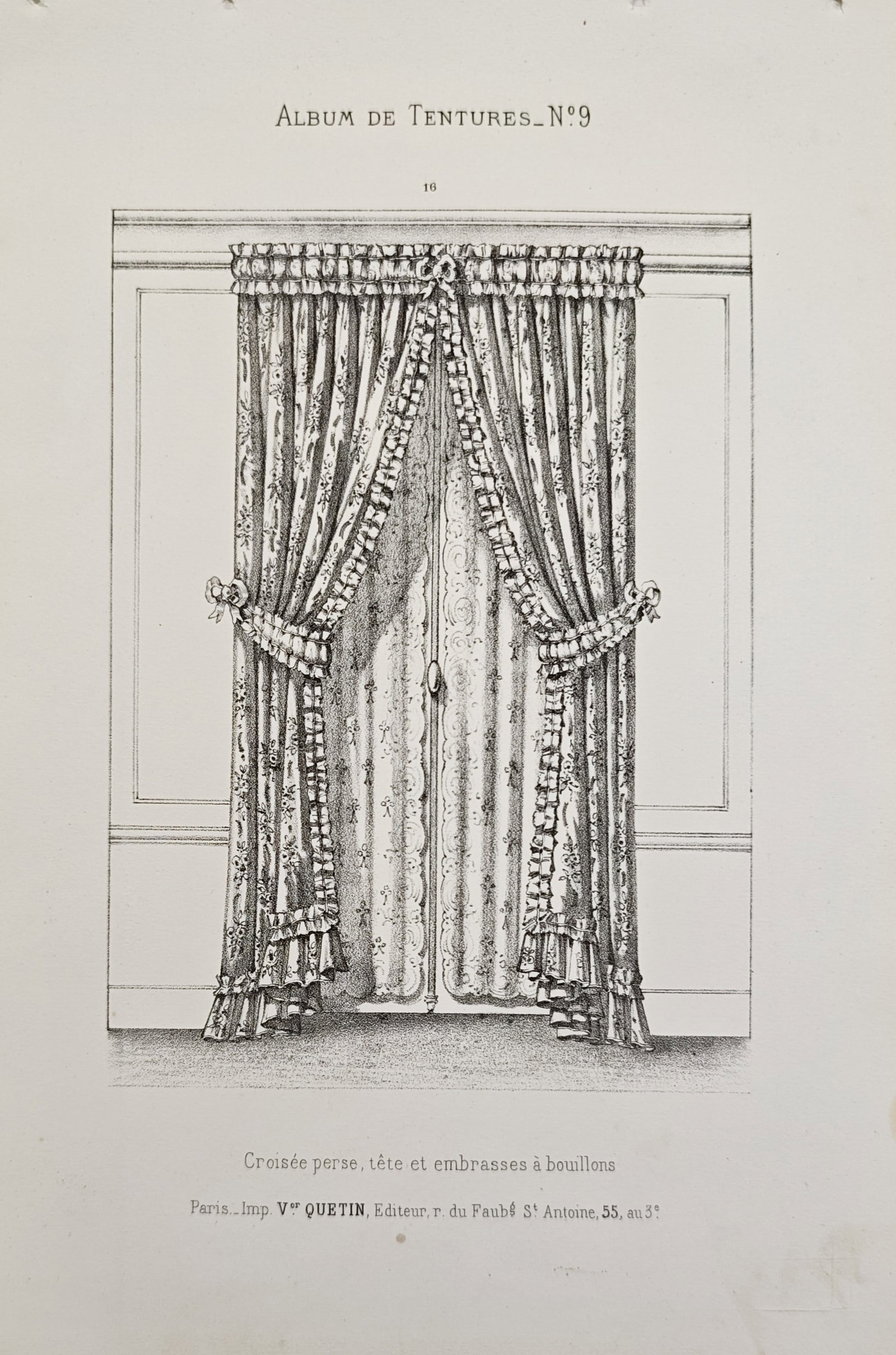 Victor Quetin – Chintz Window Drapery with Gathered Valance and Tiebacks – Lithograph (1 of 1)