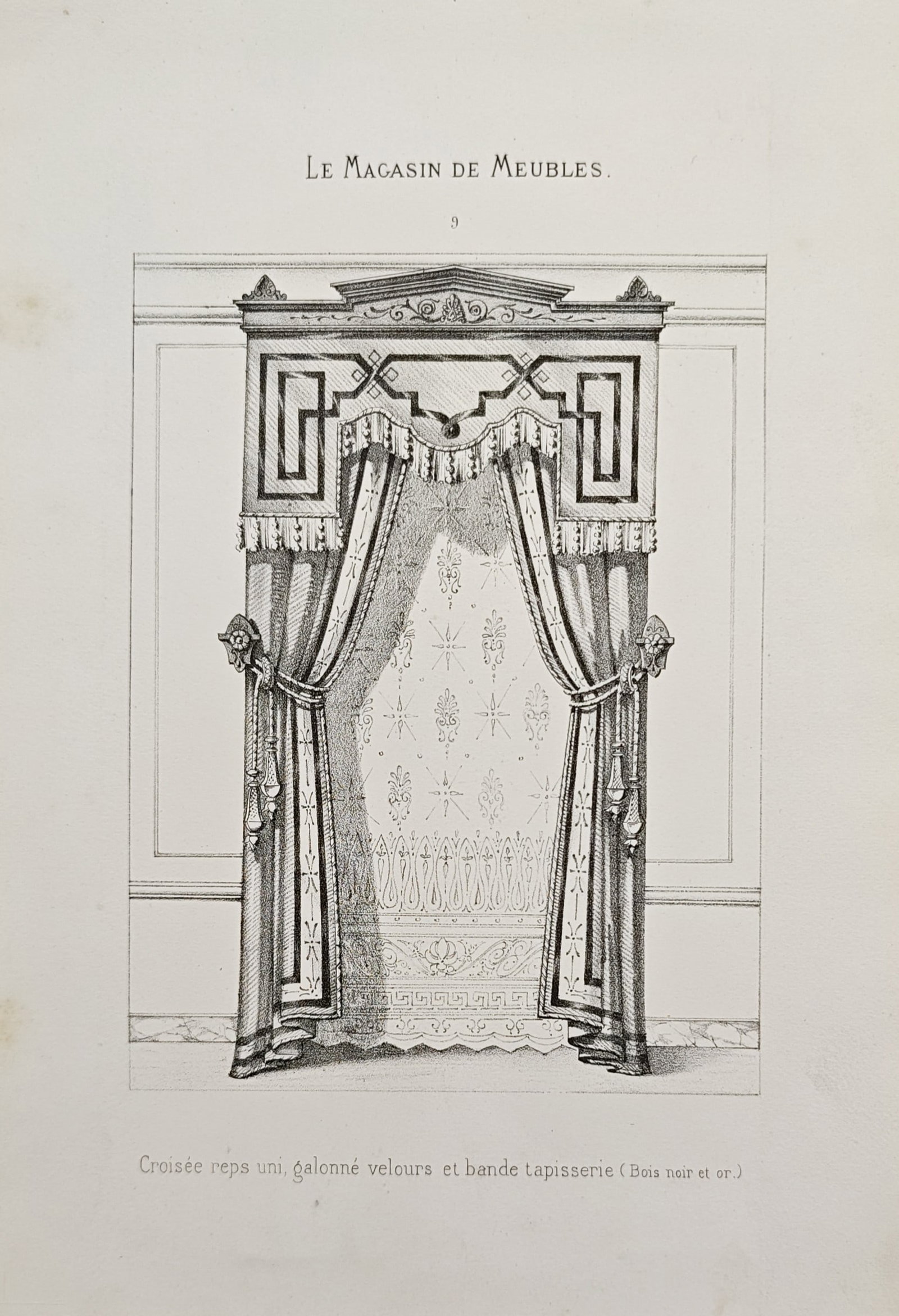 Victor Quetin – Rep Drapery with Velvet Braid and Tapestry Sheer – Lithograph (19th Century): "Rep Drapery with Velvet Braid and Tapestry Sheer" depicts an elaborate window arrangement featuring structured cornices, braided borders, and elegant hanging draperies framing an embroidered curtain.