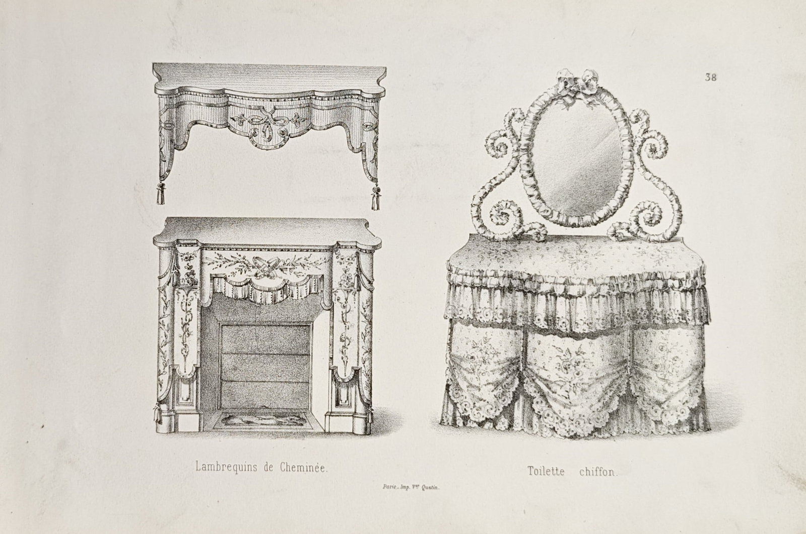 Victor Quetin – Fireplace Lambrequins and Draped Dressing Table – Lithograph (19th Century) (1 of 1)