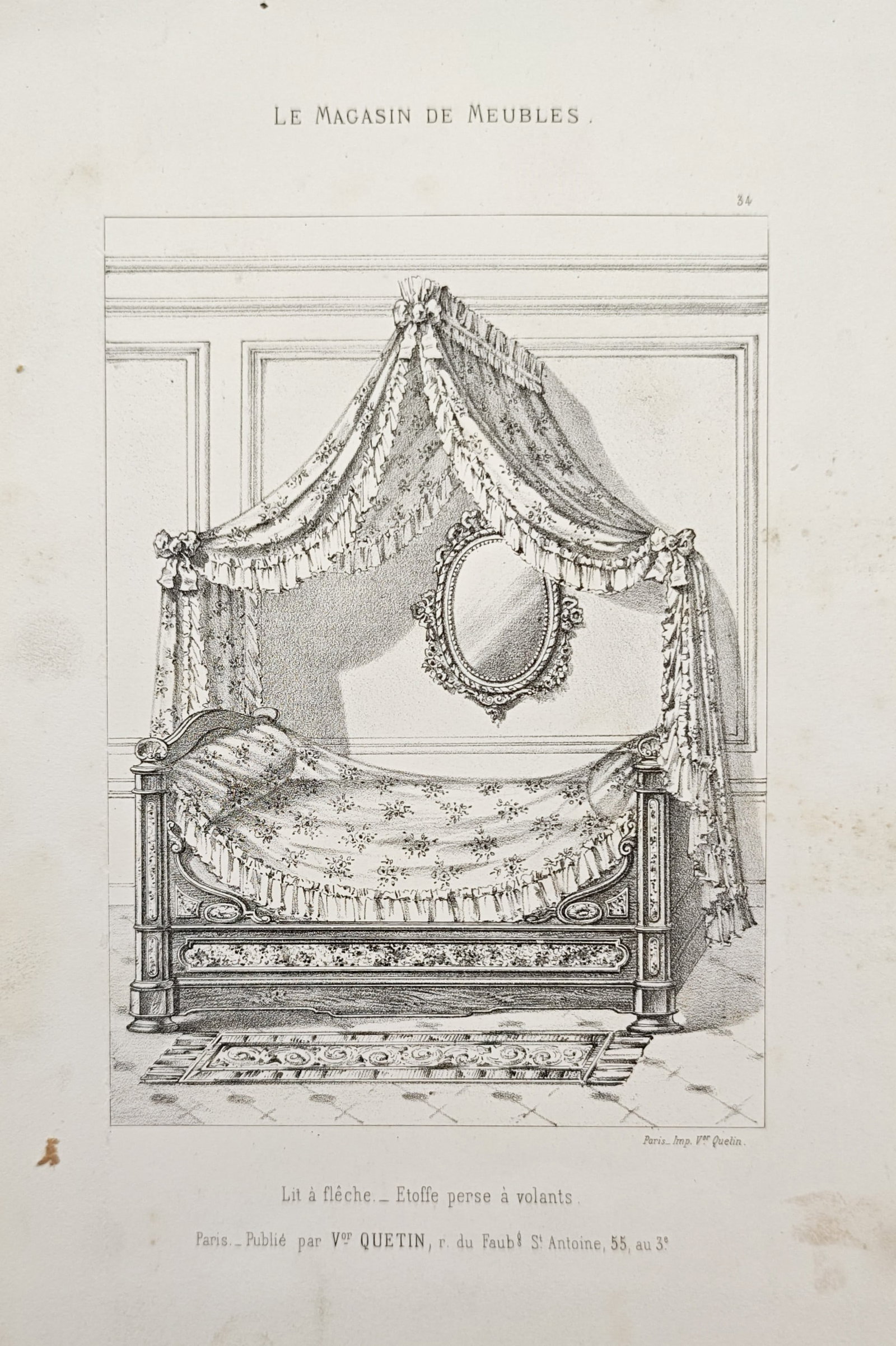 Victor Quetin – Arrow Canopy Bed with Ruffled Chintz Fabric – Lithograph (19th Century) (1 of 1)
