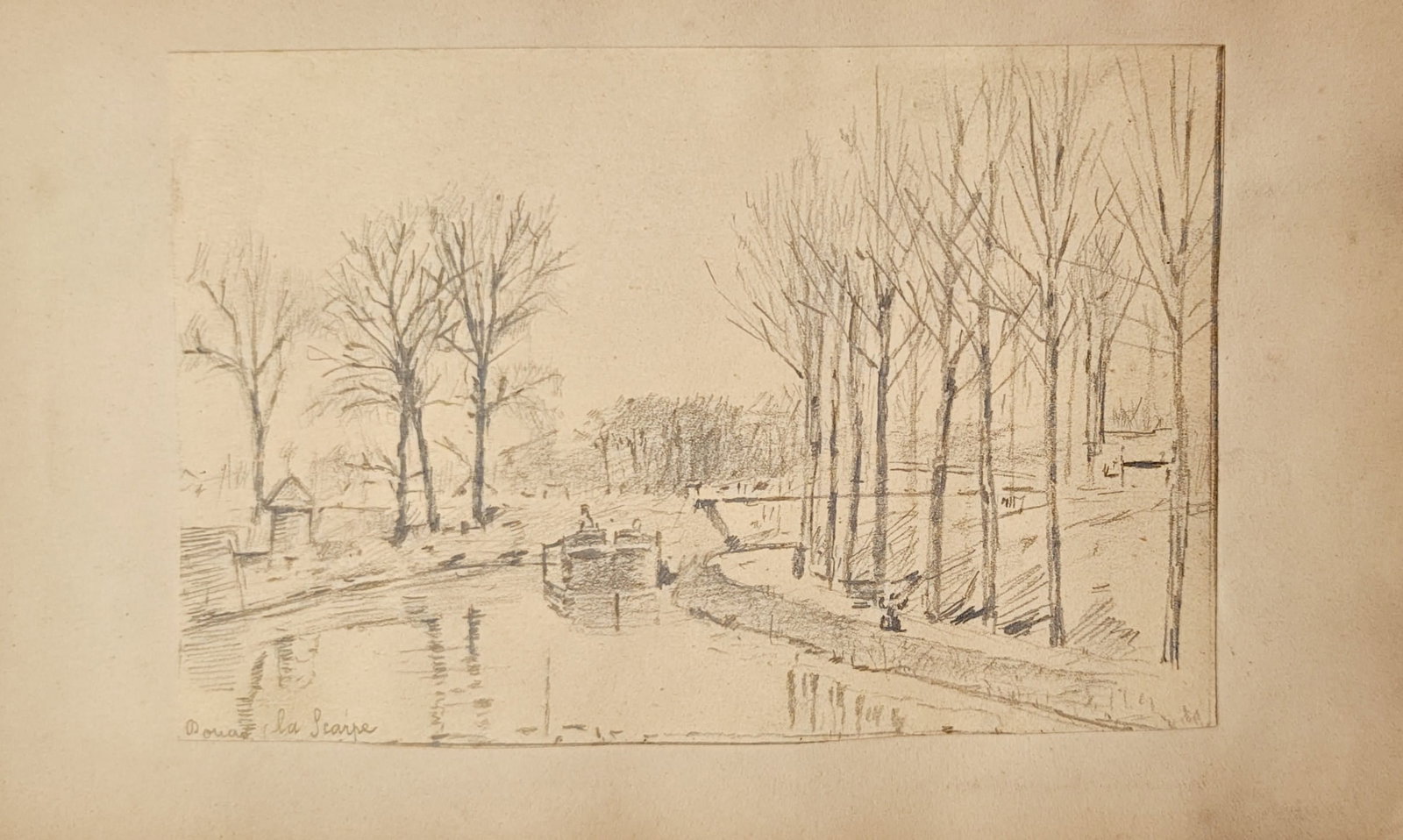 Georges William Thornley – The River Sensée – Lithograph (19th Century): "The River Sensée" presents a quiet river landscape framed by rows of bare, slender trees lining the water's edge alongside a passing canal barge. The composition captures the tranquil rural atmosphe