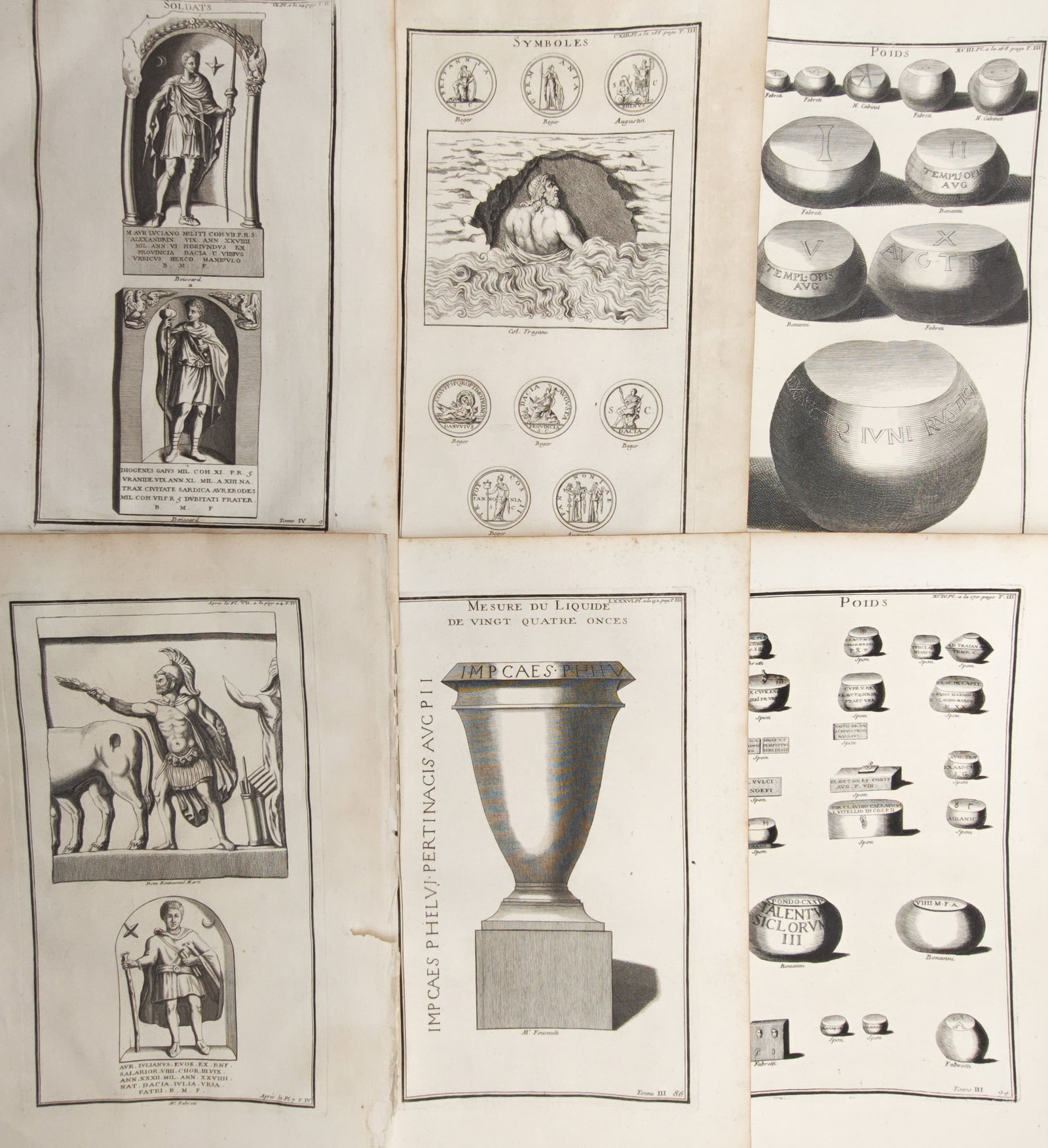 Bernard de Montfaucon – Set of 6: Classical Antiquities, Ancient Weights, Measures – Engravings: "Antiquity Explained and Represented in Diagrams" presents a comprehensive archaeological study illustrating artifacts, measuring vessels, standard weights, numismatic symbols, and sculpted figures fr