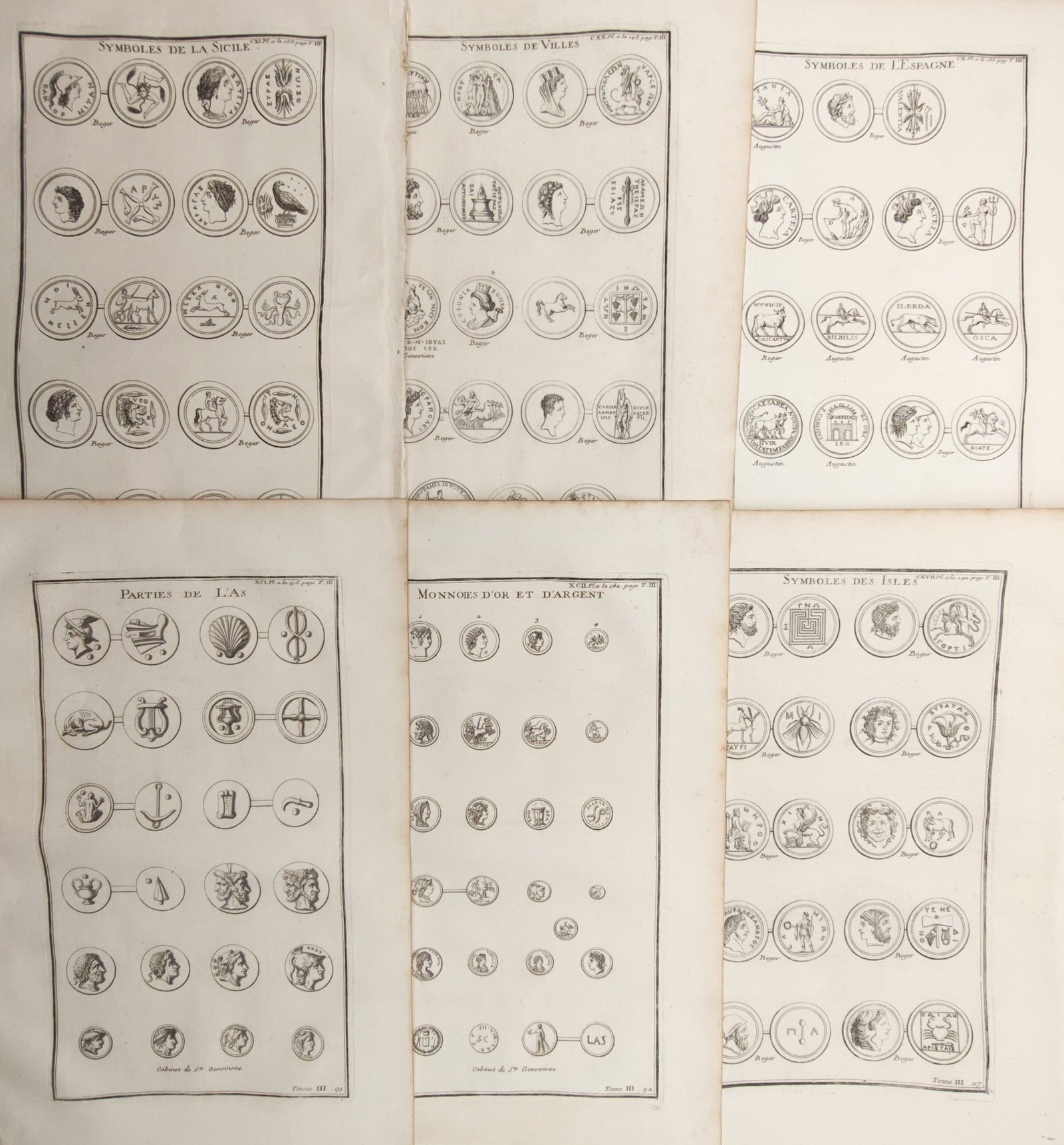 Bernard de Montfaucon – Set of 6: Ancient Greek and Roman Coins – Engravings (18th Century): "Numismatic Symbols and Ancient Coins" presents a detailed archaeological catalog illustrating antique coinage from Sicily, Spain, Mediterranean islands, and classical cities. The composition displays