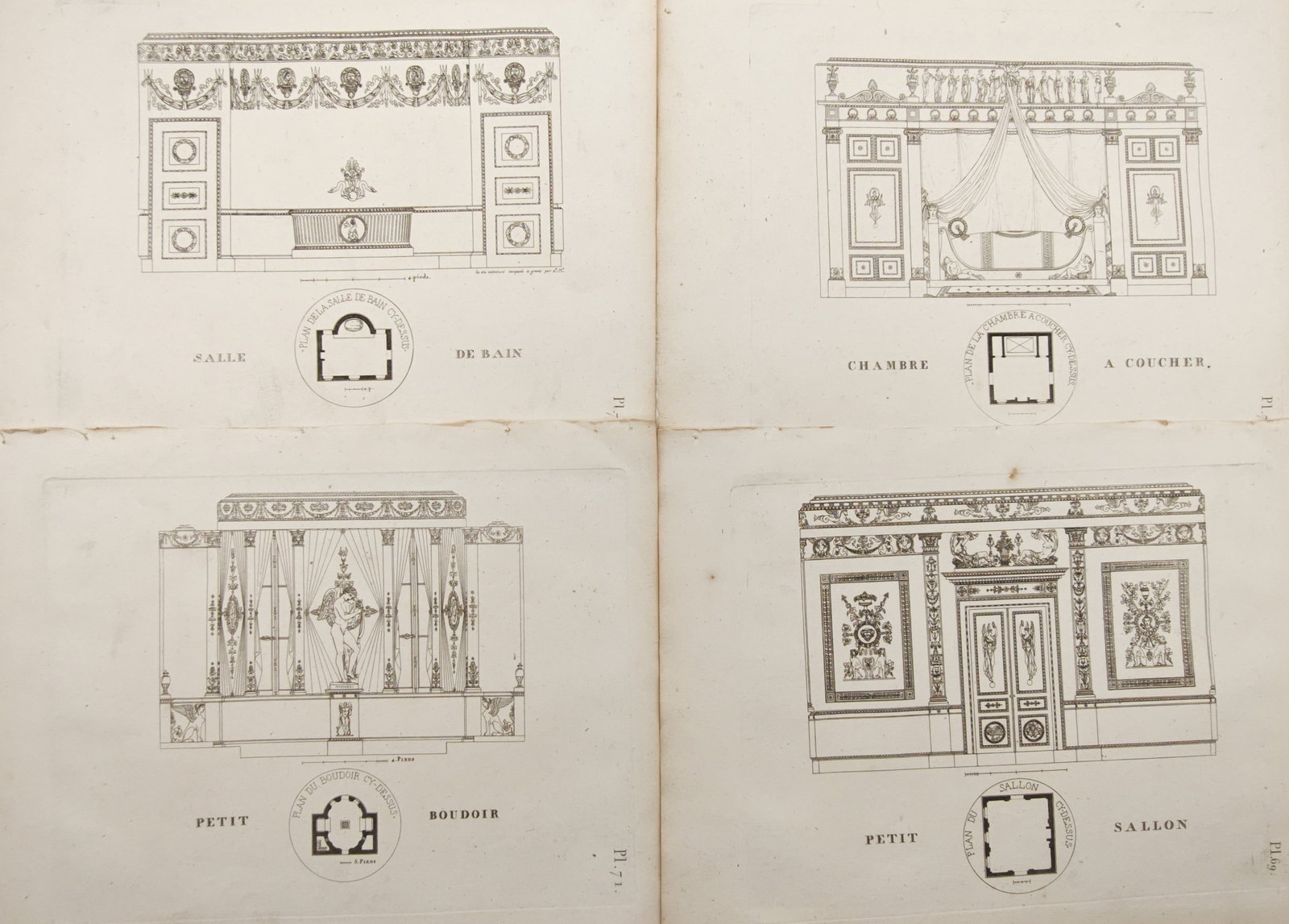 Charles Percier – Set of 4: Neoclassical Interior Designs, Elevations, and Room Plans –: "Designs for Interior Decorations" presents a suite of neoclassical architectural designs illustrating decorative wall elevations and corresponding ground plans for private residential apartments. The