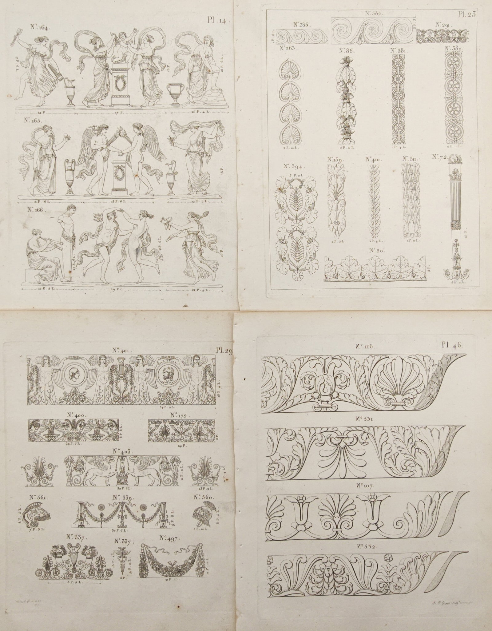 Joseph Beunat – Set of 4: Empire Style Plaster Mouldings, Classical Friezes – Engravings (1 of 2)