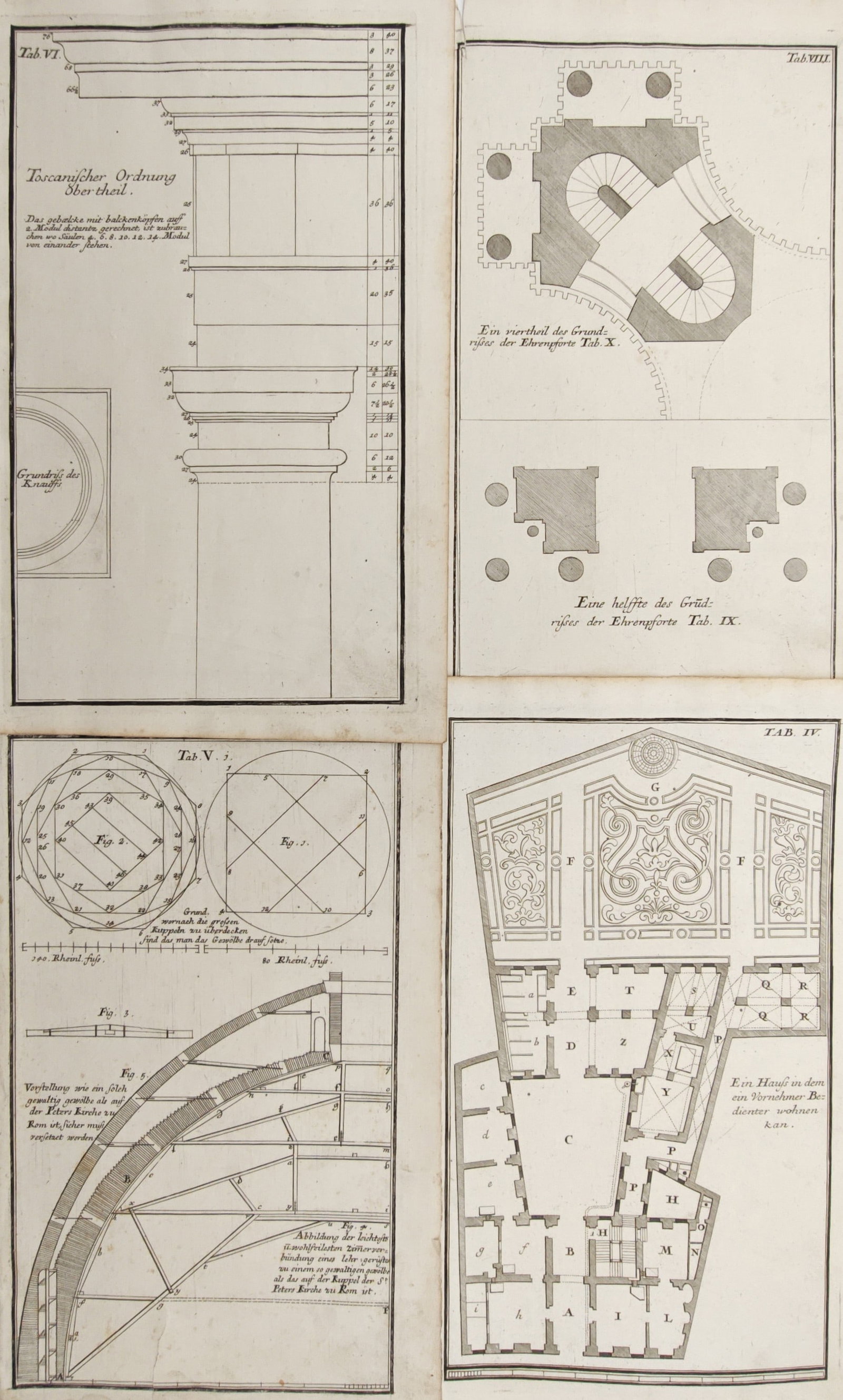 Leonhard Christoph Sturm – Set of 4: Tuscan Order, Vault Construction, Plans – Engravings (1 of 2)