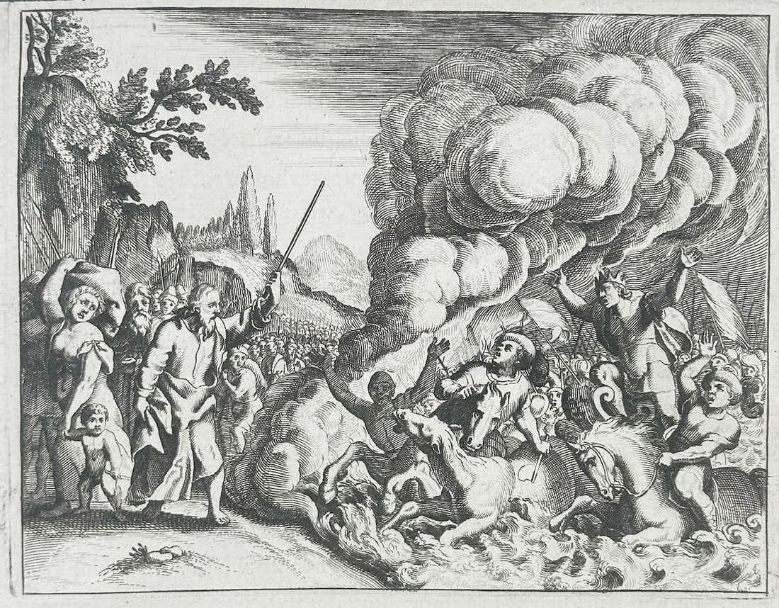 Nicolas Fontaine – Pharaoh Submerged in the Red Sea – Engraving (17th Century): "Pharaon Submerge Dans La Mer Rouge" presents a dramatic biblical scene illustrating Moses parting the waters while the Egyptian army is overwhelmed by waves and a column of smoke to accompany narrati
