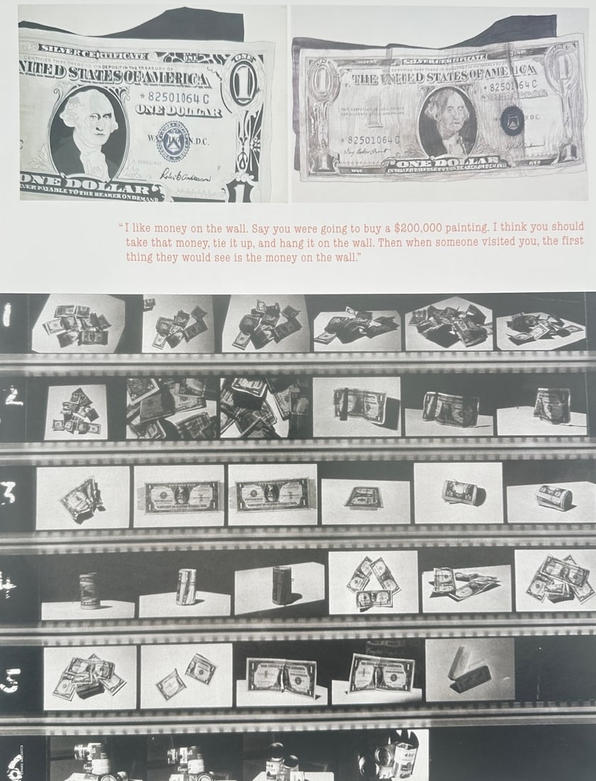 Andy Warhol,after – Studies of Dollar Bills and Photographic Contact Sheets – Offset: "Studies of Dollar Bills and Currency Contact Sheets" presents conceptual visual studies illustrating United States one-dollar bills paired with contact sheet frames of arranged banknotes, coins, and 
