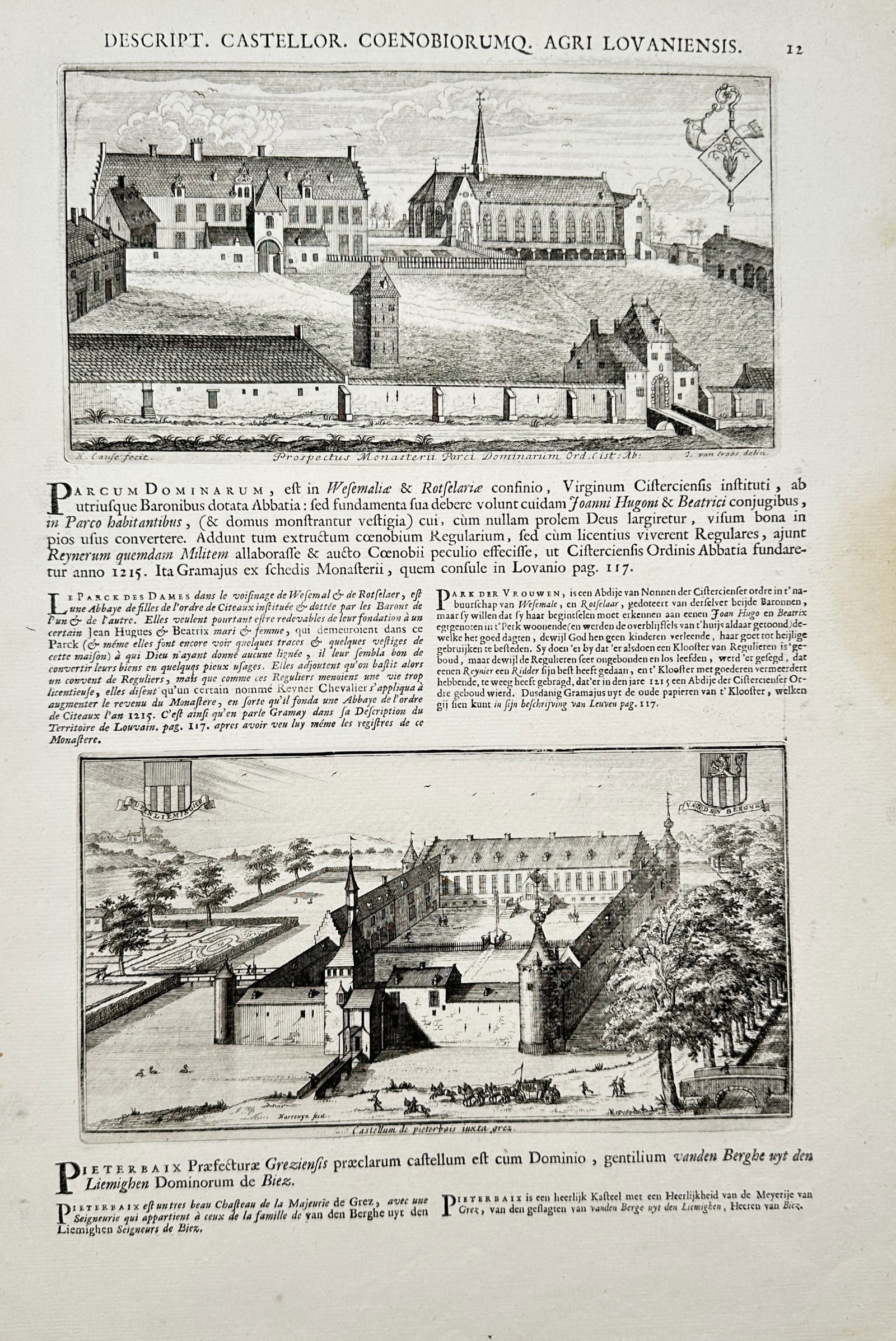Jacques Le Roy – Architectural Views of Parc des Dames Abbey and Piétrebais Castle – Engraving (1 of 2)