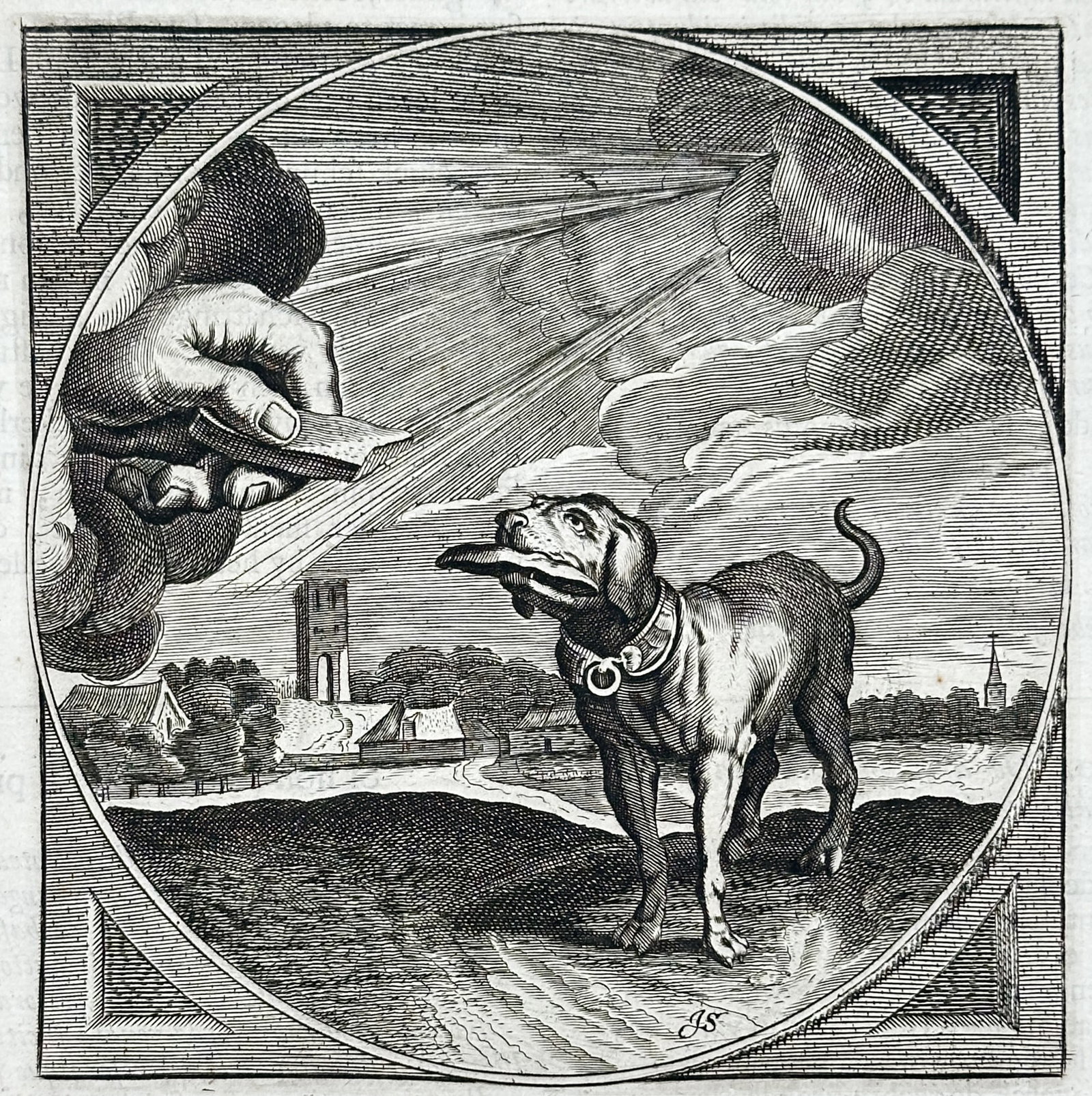 Jacob Cats – Moral Emblem on Insatiable Desire and Greed – Engraving (17th Century): "Desire Is an Immoderate Thing" illustrates an allegorical emblem depicting a hound clutching food in its mouth while eagerly eyeing another morsel extended from a celestial hand. The moralizing compo