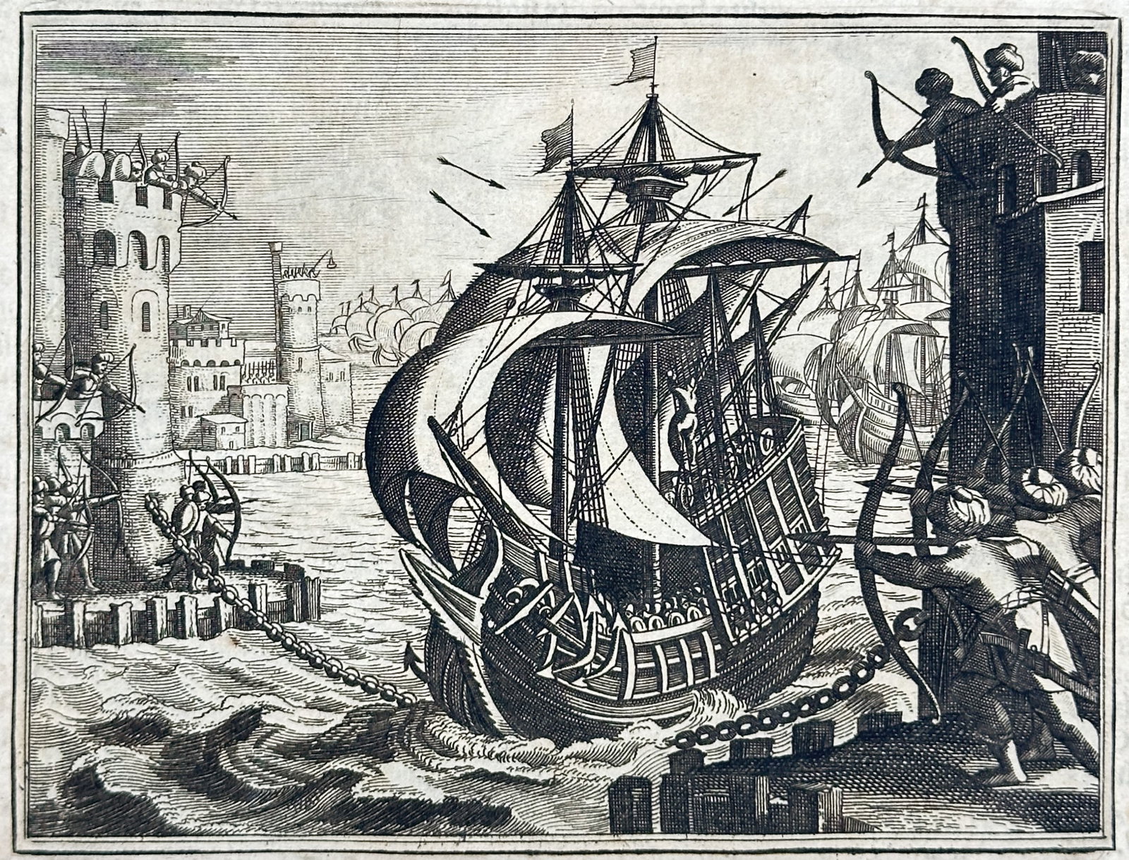 Johann Ludwig Gottfried – Haarlem Ship Breaking the Harbor Chain at Damietta – Engraving: "The Harbor of Damietta" portrays the legendary crusader naval assault where a fortified Haarlem cog breaches the heavy iron boom chain stretched between defensive harbor towers. The dramatic maritime