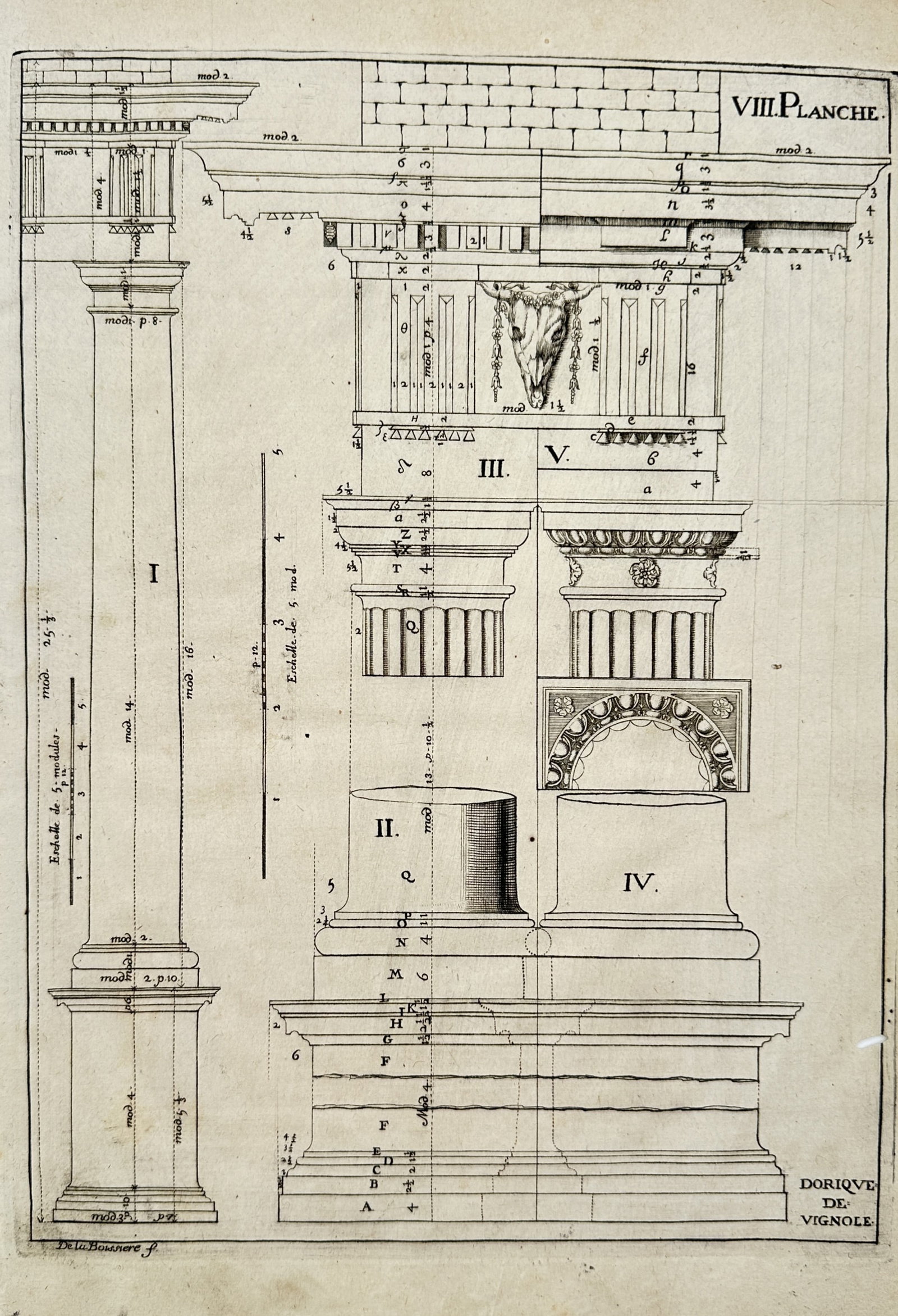 François Blondel – Architectural Study of Vignola's Doric Order – Engraving (17th Century) (1 of 2)