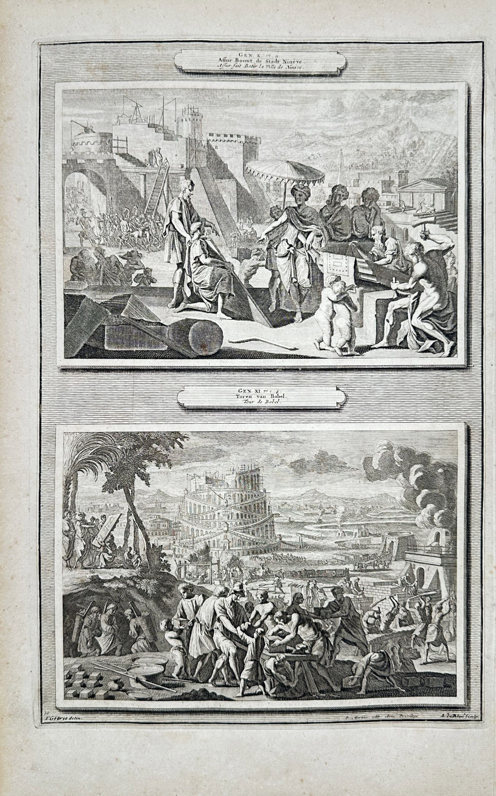 Pieter Mortier – Asshur Building Nineveh and the Tower of Babel – Engraving (18th Century) (1 of 2)