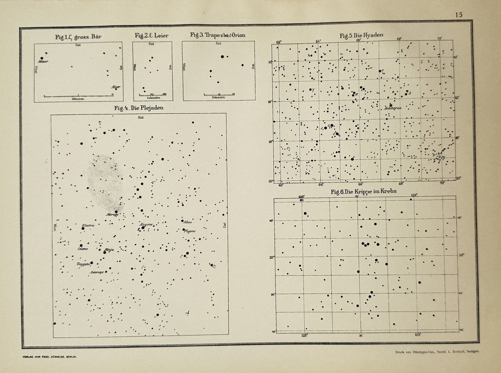 Richard Schurig – Map of Telescopic Star Charts of the Pleiades, Hyades, and Praesepe –: "Star Charts of the Pleiades, Hyades, and Praesepe" presents detailed astronomical field charts mapping famous open clusters, double stars, and nebular regions across celestial coordinate grids, publi