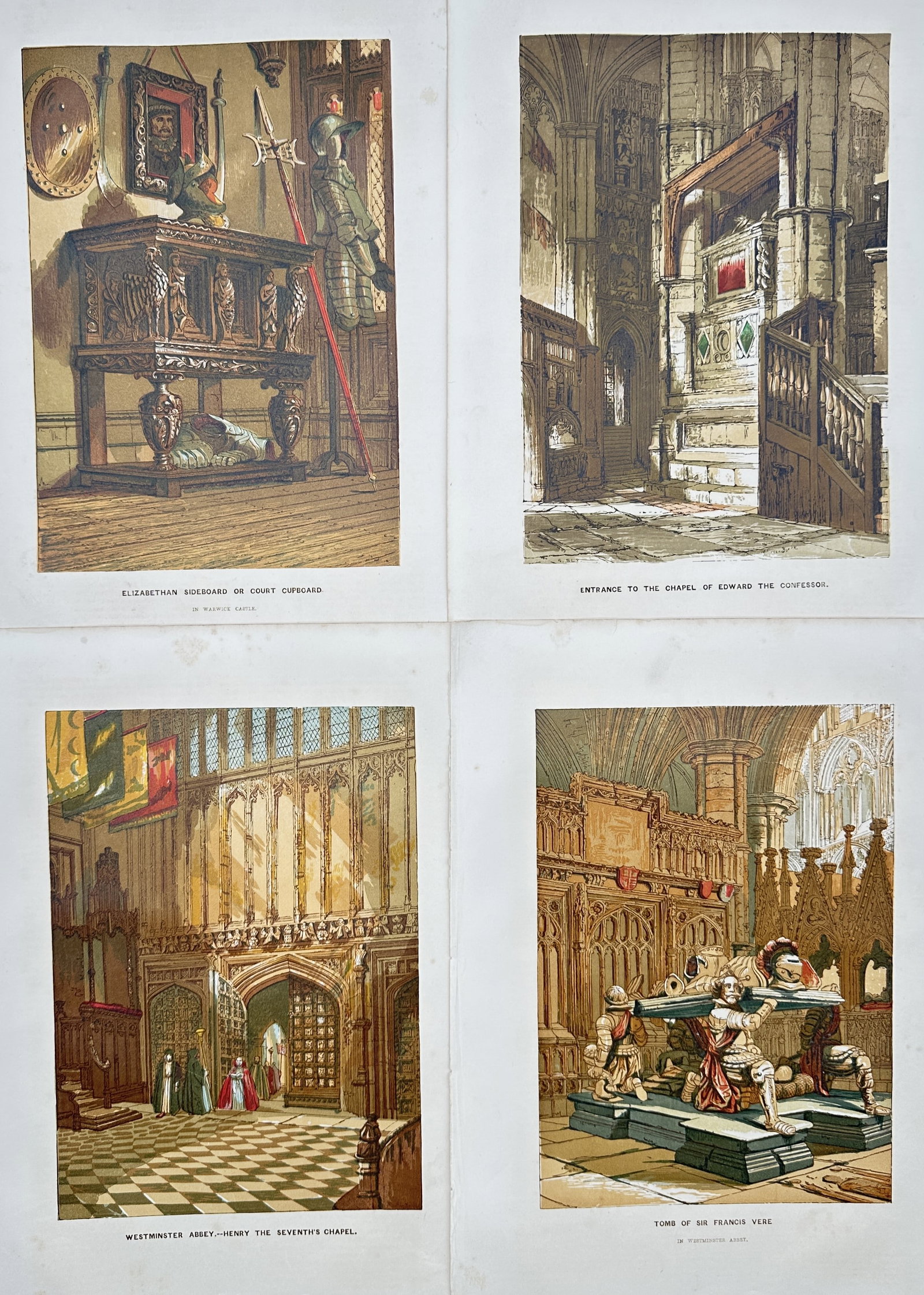 Charles Knight – Set of 4: English Historical Interiors and Monumental Tombs – Lithographs: "English Historical Interiors and Monumental Tombs" presents an antiquarian collection of full-page color plates illustrating notable British ecclesiastical interiors, baronial furniture, and Gothic f
