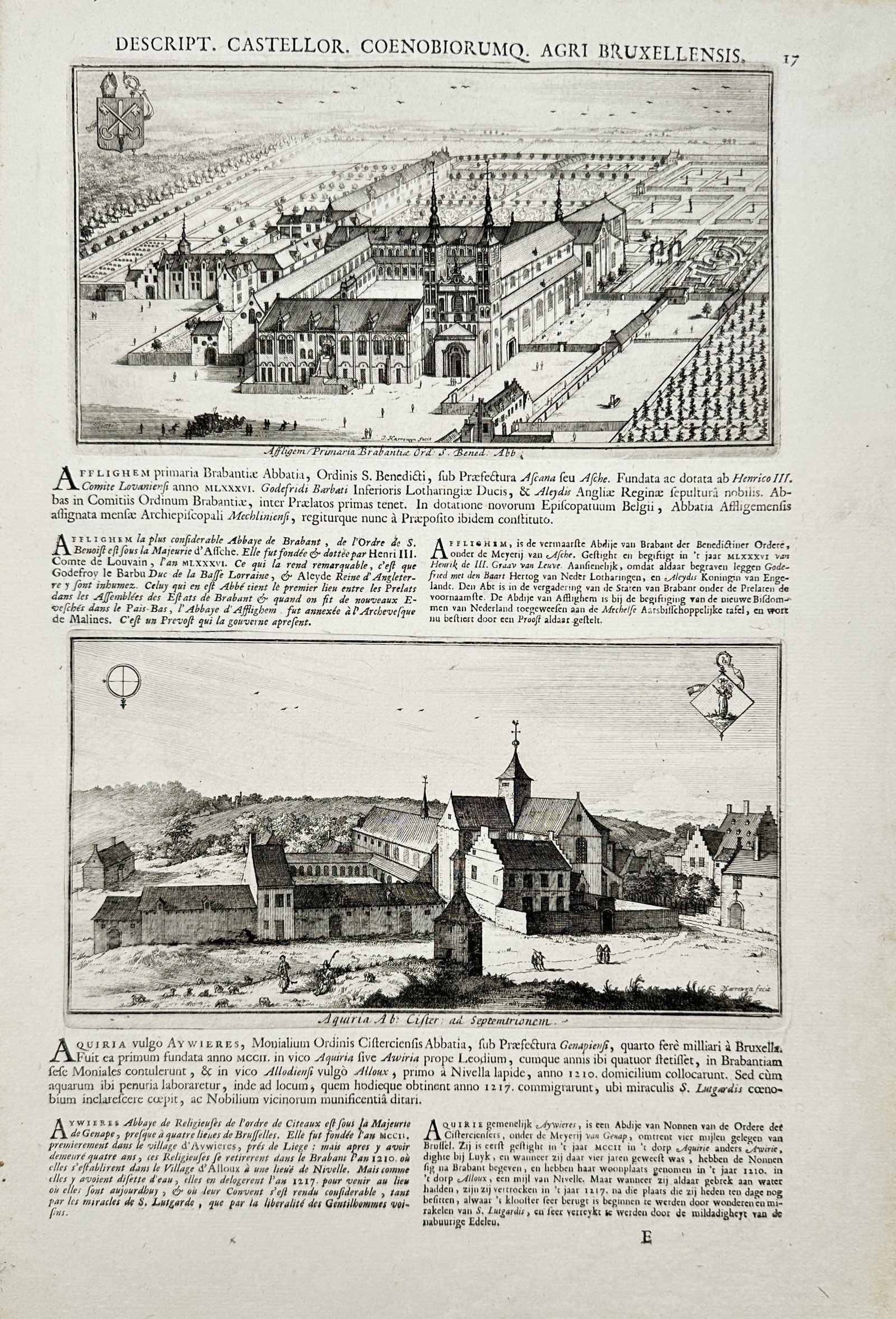 Jacques Le Roy – Views of Affligem and Aywiers Abbeys – Engraving (17th Century) (1 of 2)
