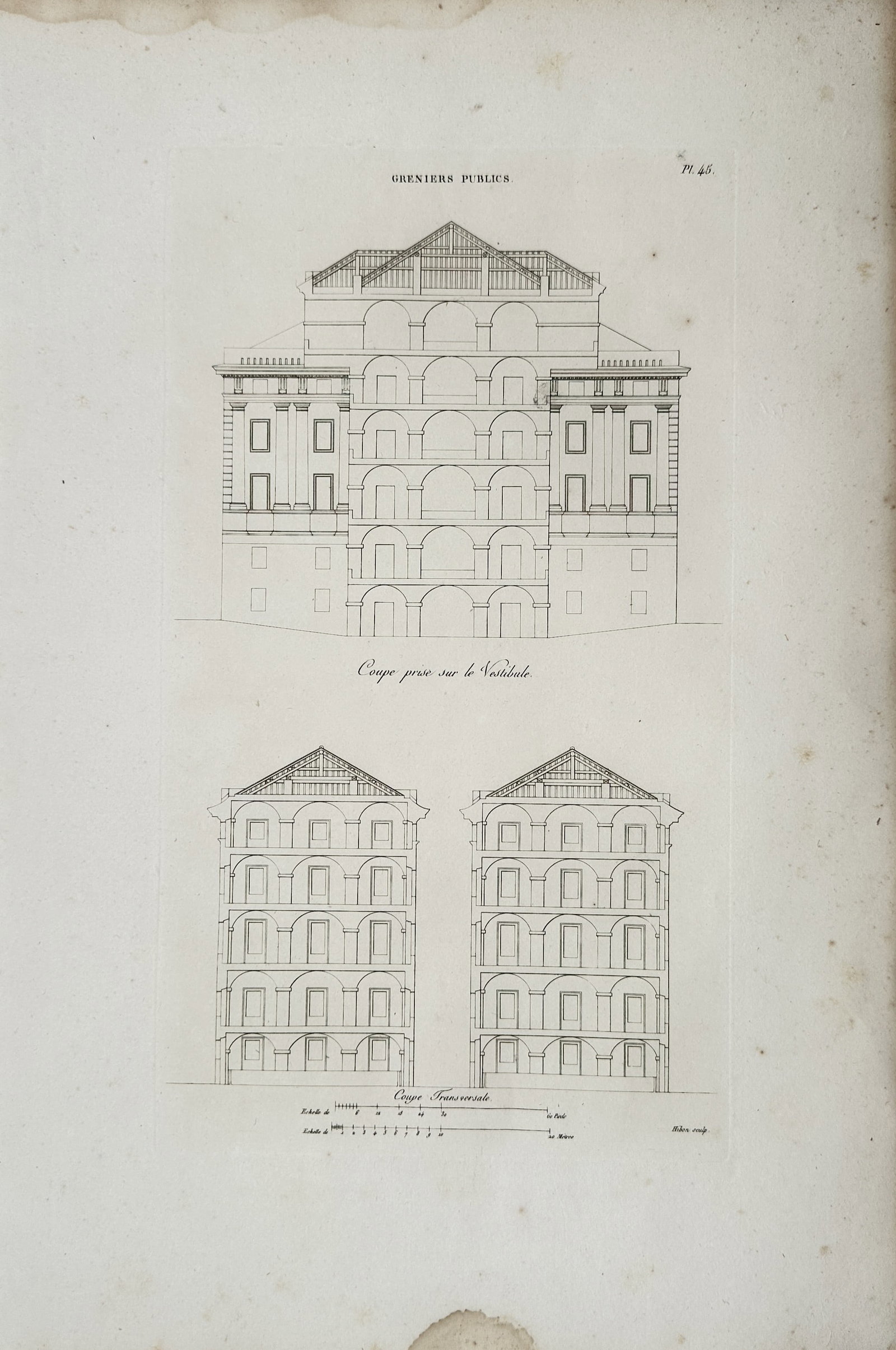 Auguste Hibon – Public Granary Architectural Sections – Engraving (19th Century) (1 of 2)