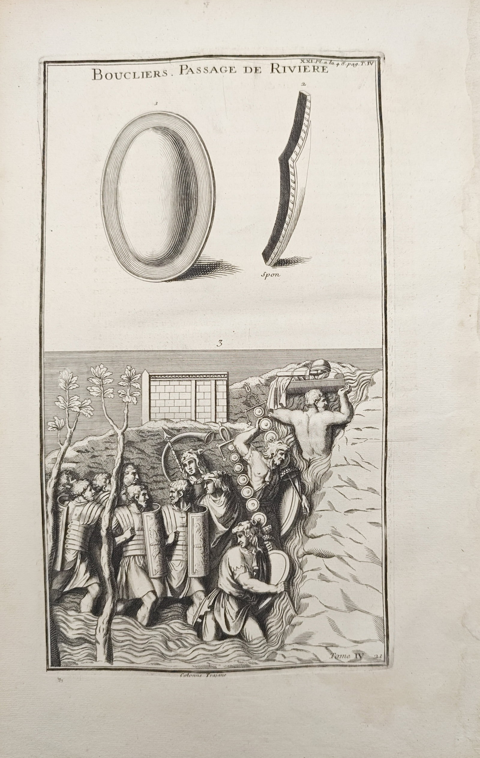 Bernard de Montfaucon - Ancient Shields and River Crossing from Trajan's Column - Engraving (1719): "Shields, River Crossing" presents a classical archaeological study illustrating antique military equipment and a Roman army crossing a waterway as depicted on Trajan's Column. The work was published 